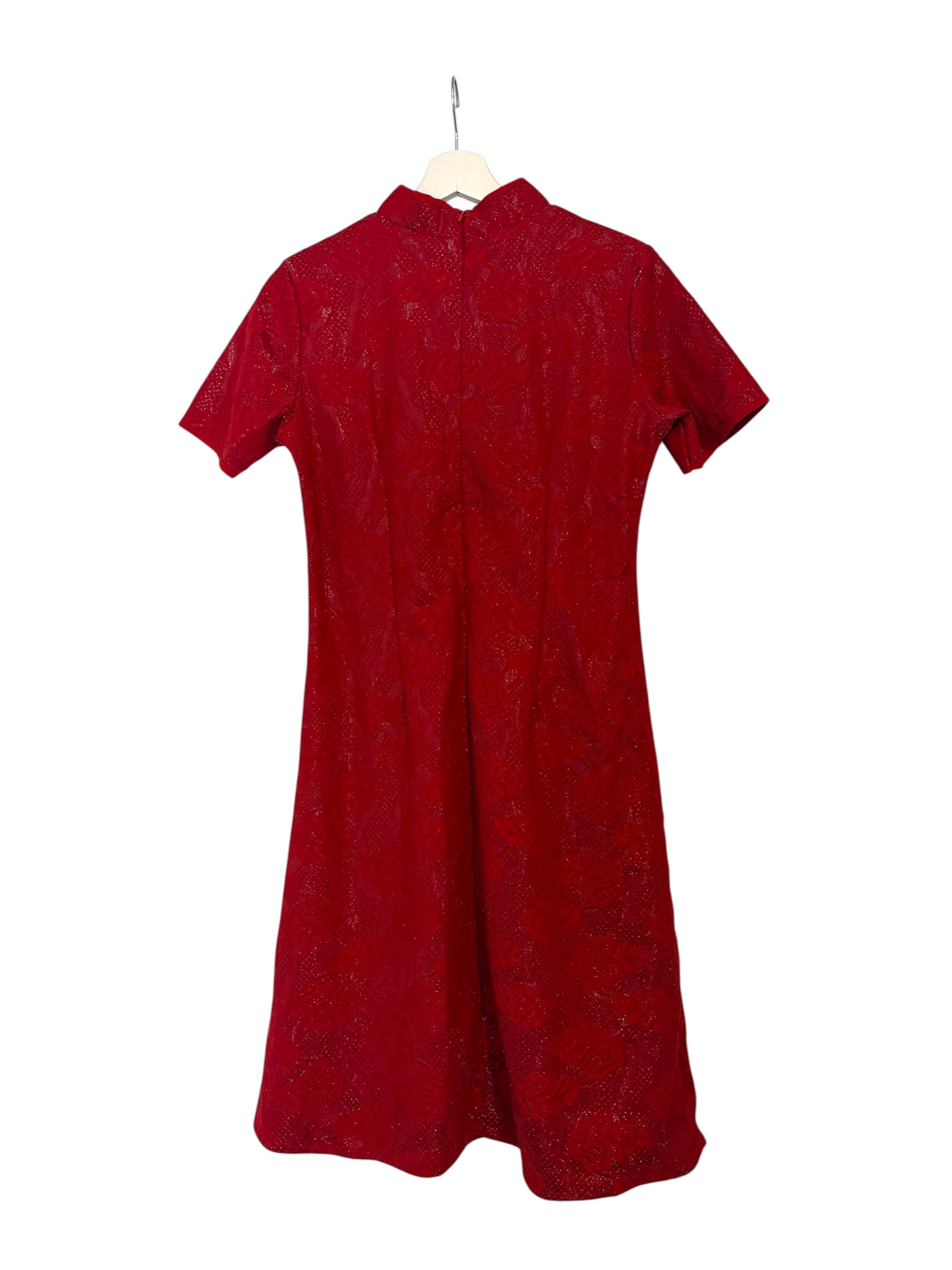 Red Floral Lace Shimmery Chinese Qipao Cheongsam Midi Dress Sz M - photo 4