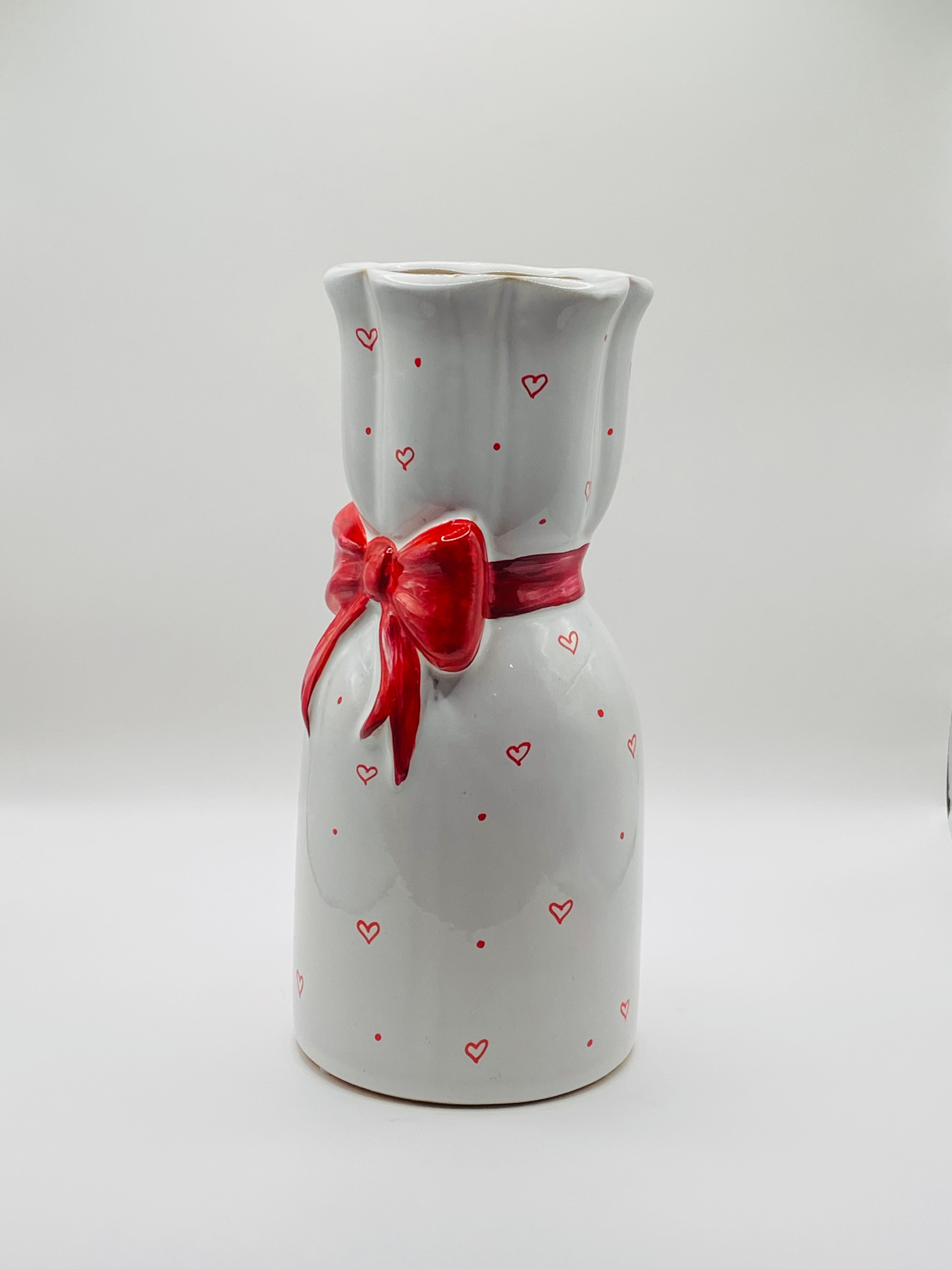 Hand Painted White Vase with Red Hearts and Bow - photo 4