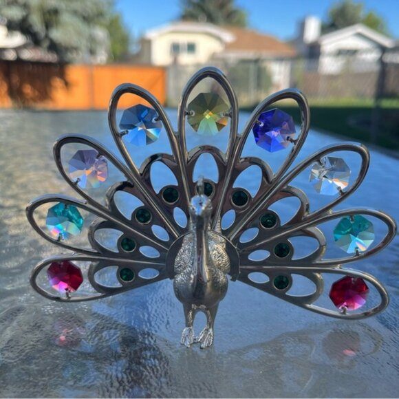 Silver Plated Peacock Figurine Multicolored Swarovski Crystals