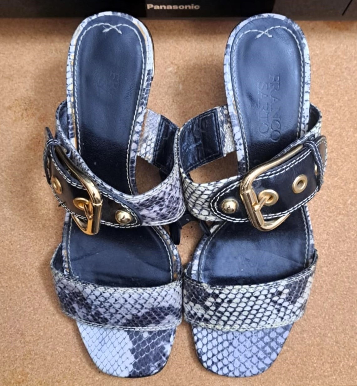 Franco Sarto Genuine Leather Snake Print Bold Gold Buckle Slides - photo 2