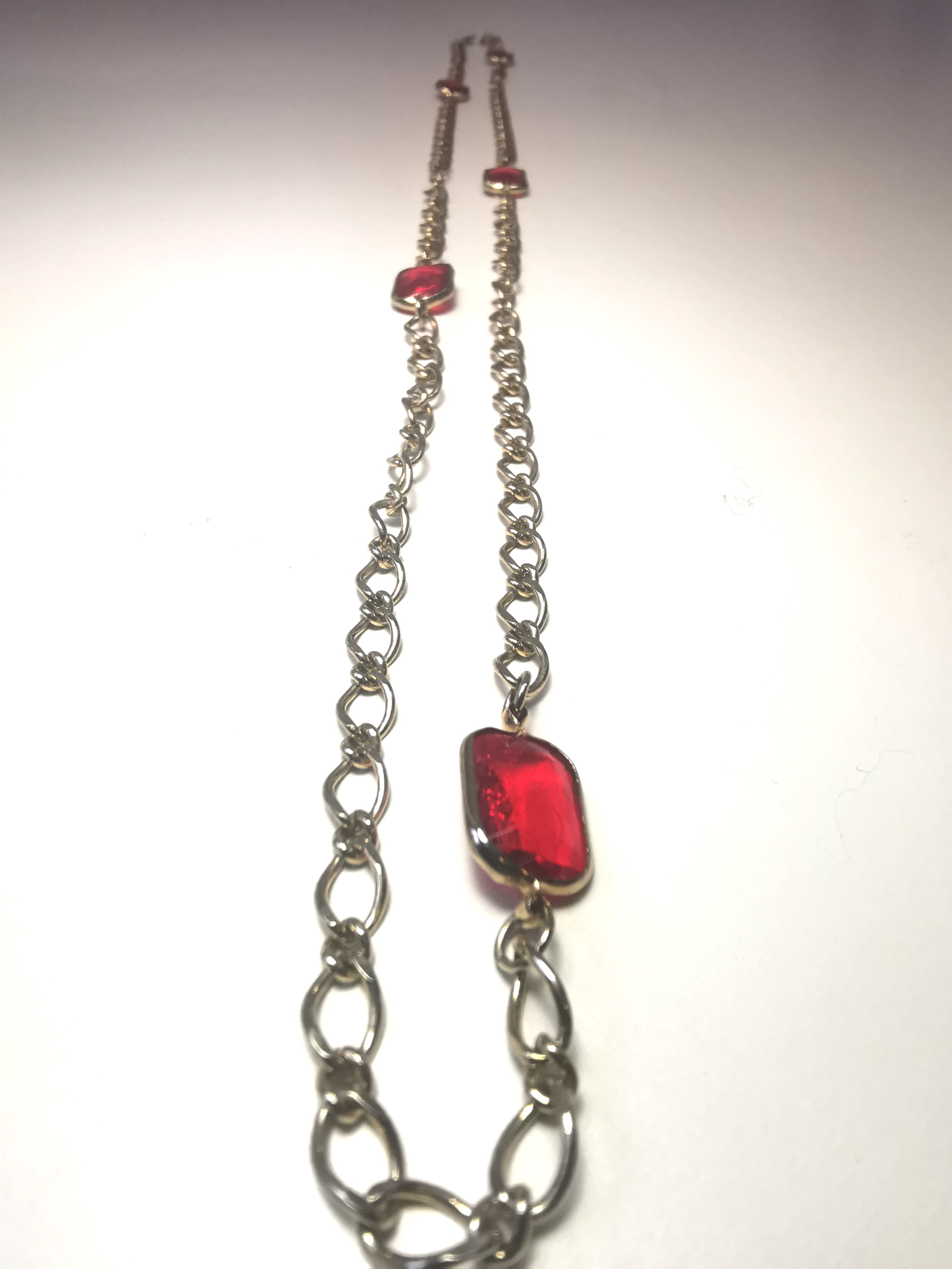 Circa 1978 Gold Tone Red Glass Station Necklace 17" Continuous