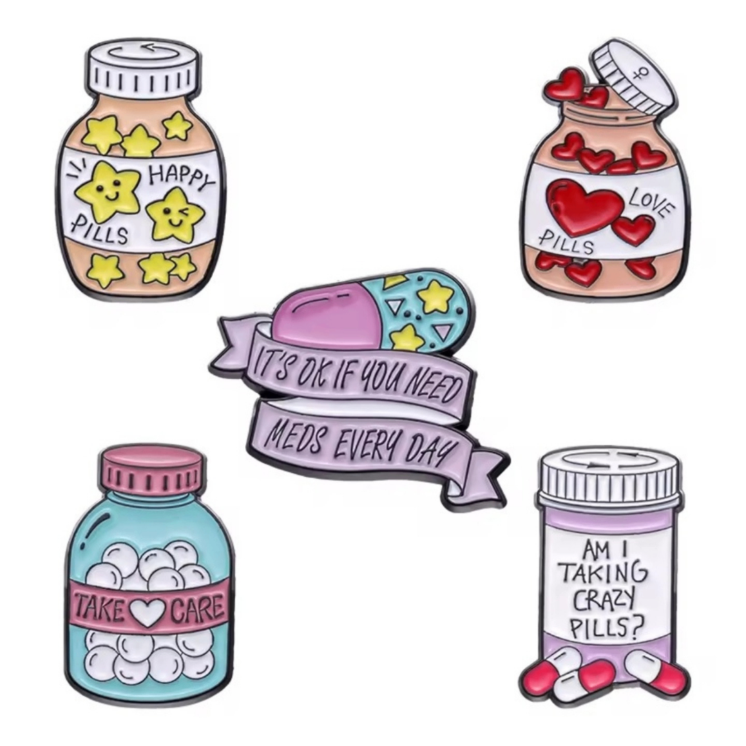 Pill Bottles Set of 5 Brooch Enamel Lapel Pins