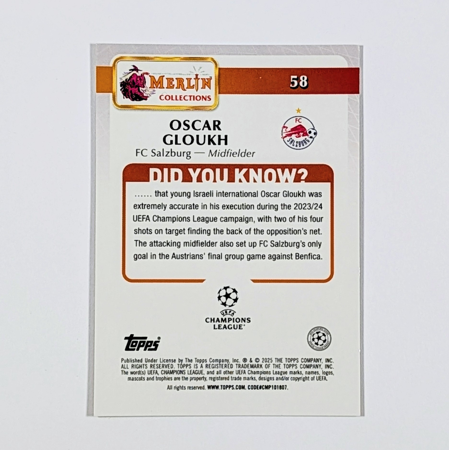2024-25 Merlin Oscar Gloukh Gold Refractor #18/50 RB Salzburg - photo 3
