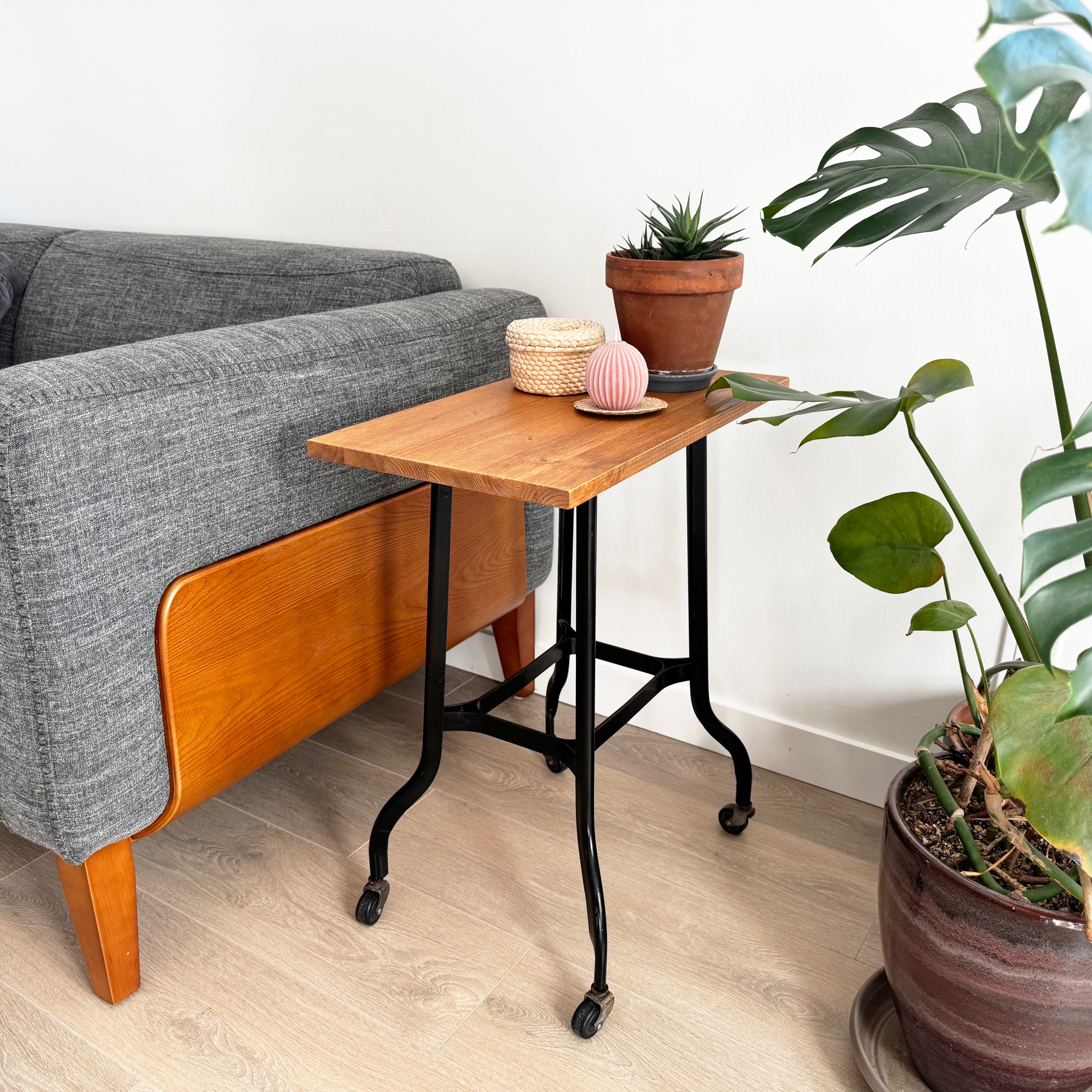 Industrial Rolling Side Table – Pine Top & Metal Base -OBO