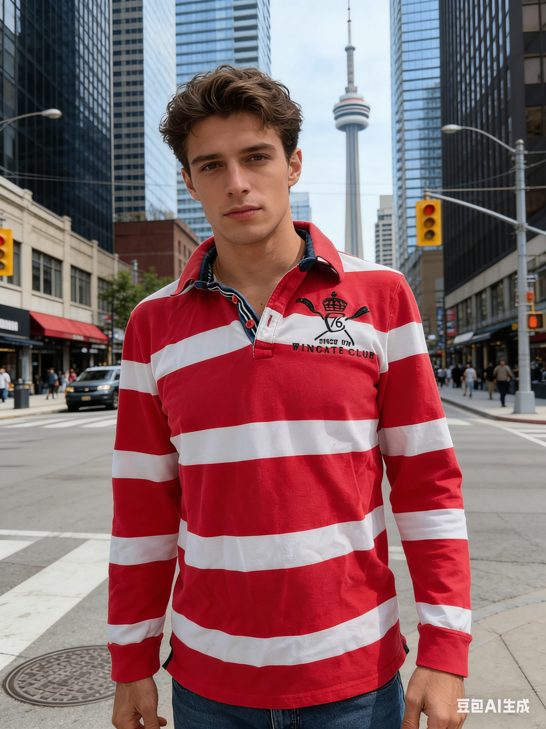 Red & White Stripe Long-Sleeve Polo Shirt - 80% New