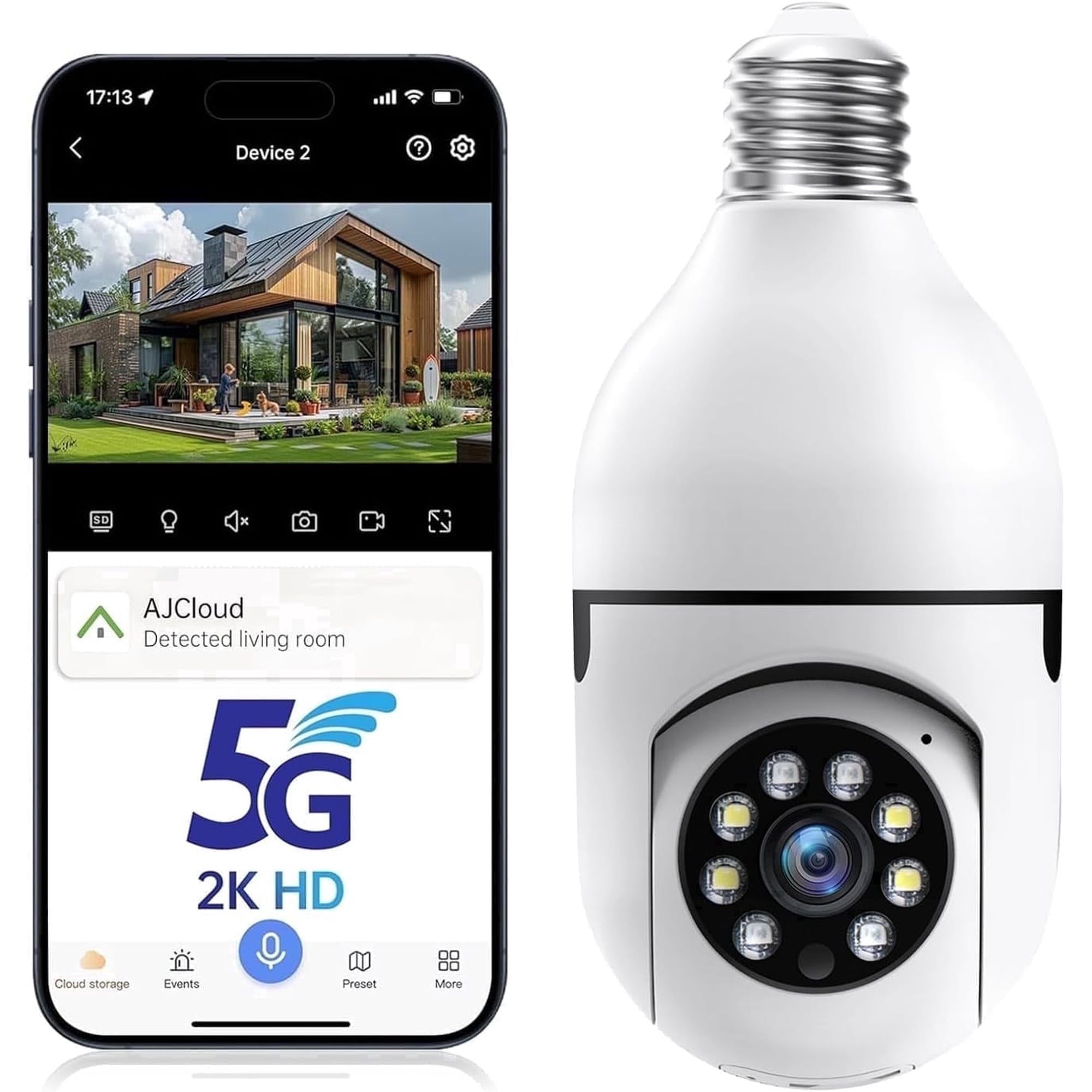 5G& 2.4GHz Wifi Light Bulb Security Camera, 2K HD Security Cam