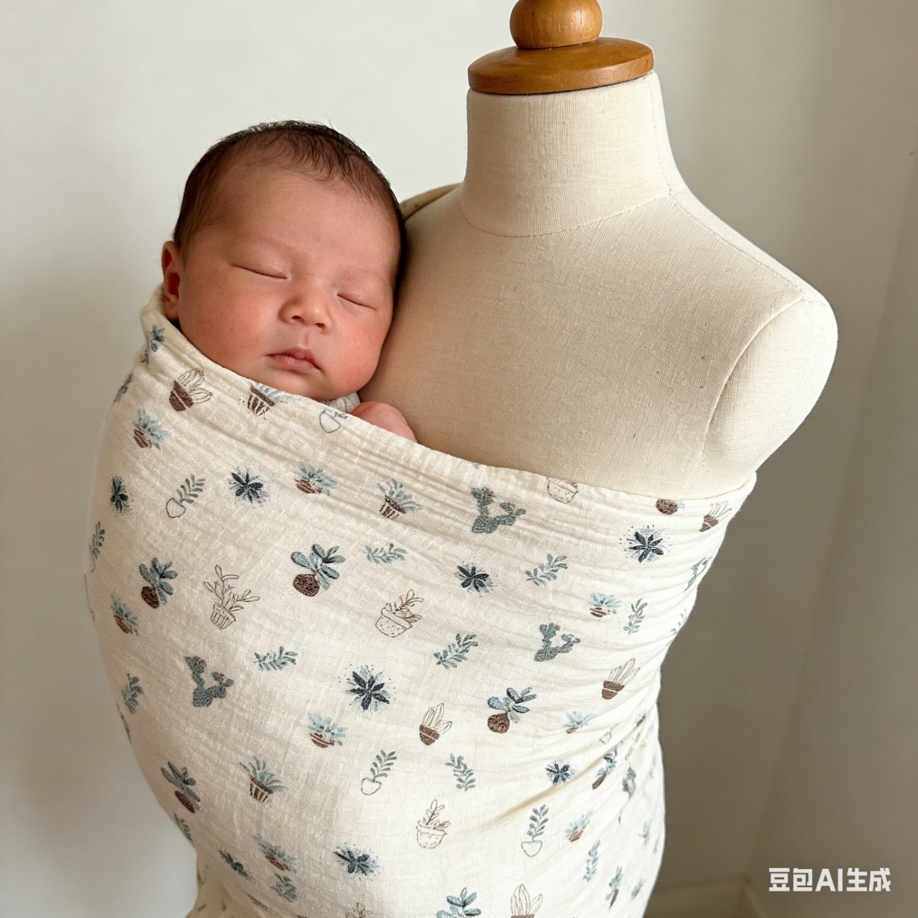 Cream Plant-Print Double-Layer Baby Muslin Swaddle Blanket