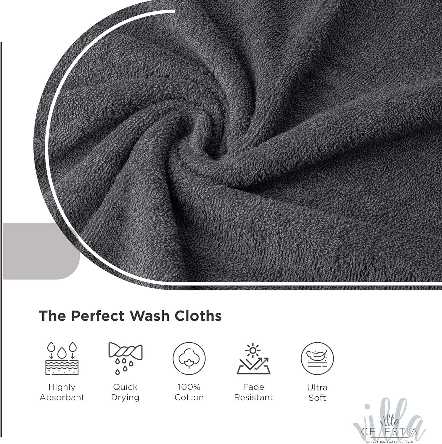 12-Pack Villa Celestia Luxury Washcloths, 100% Cotton, 650 GSM - photo 2