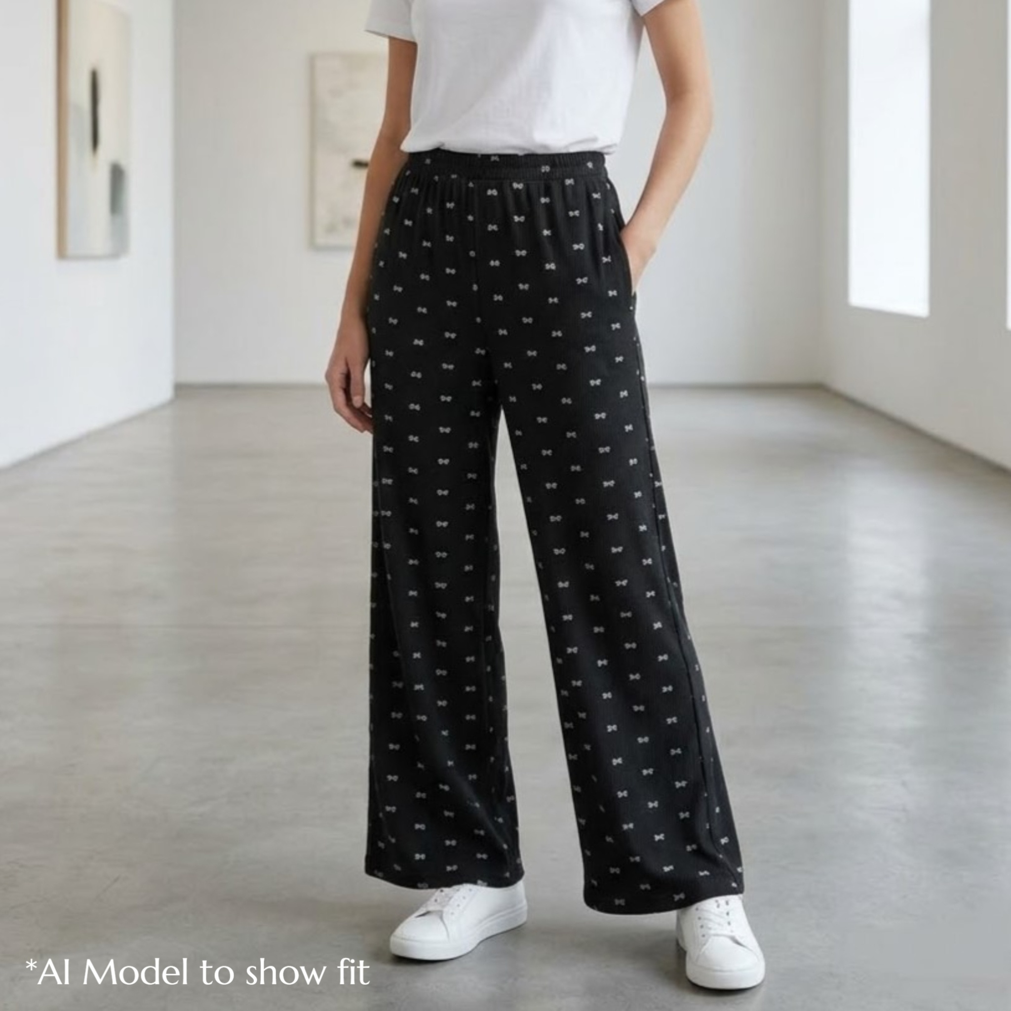 Black Ribbed Bow Print Wide Leg Pants Medium Coquette