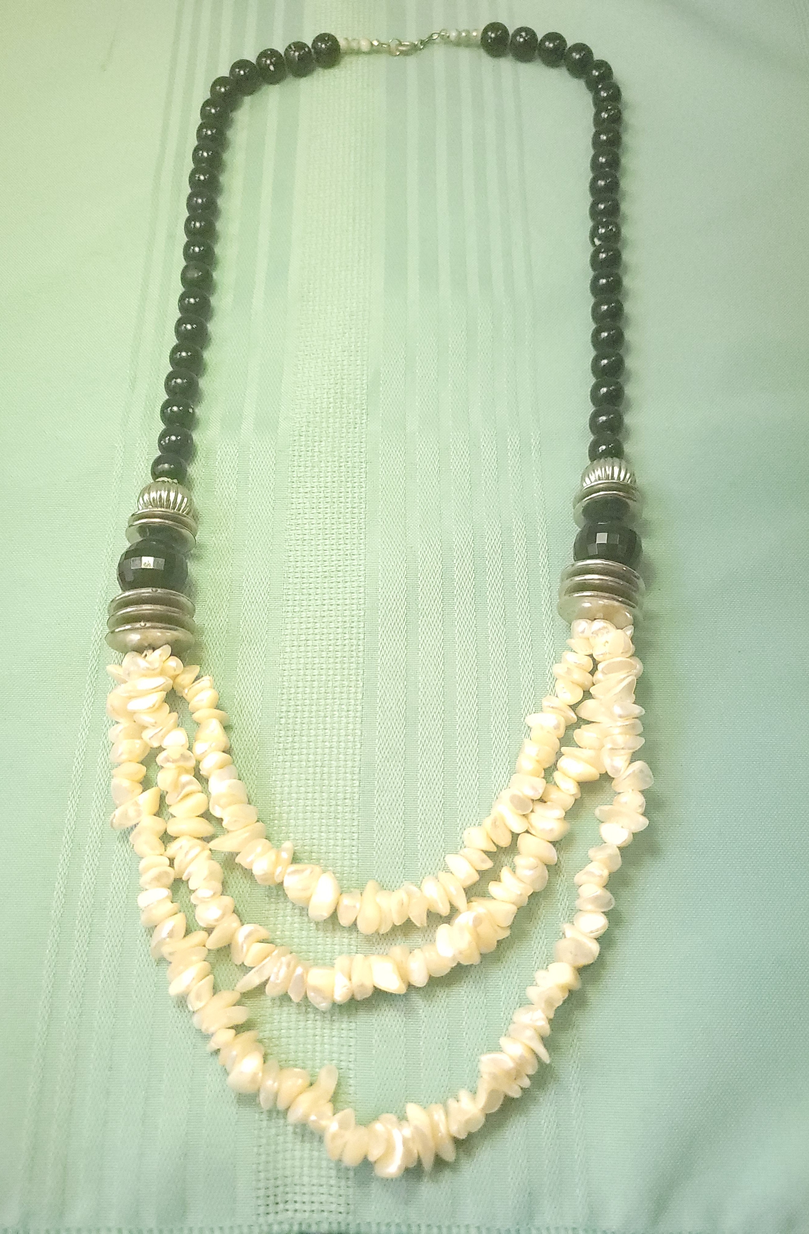 28" Triple Strand Mother of Pearl Shell & Faceted Black Glass