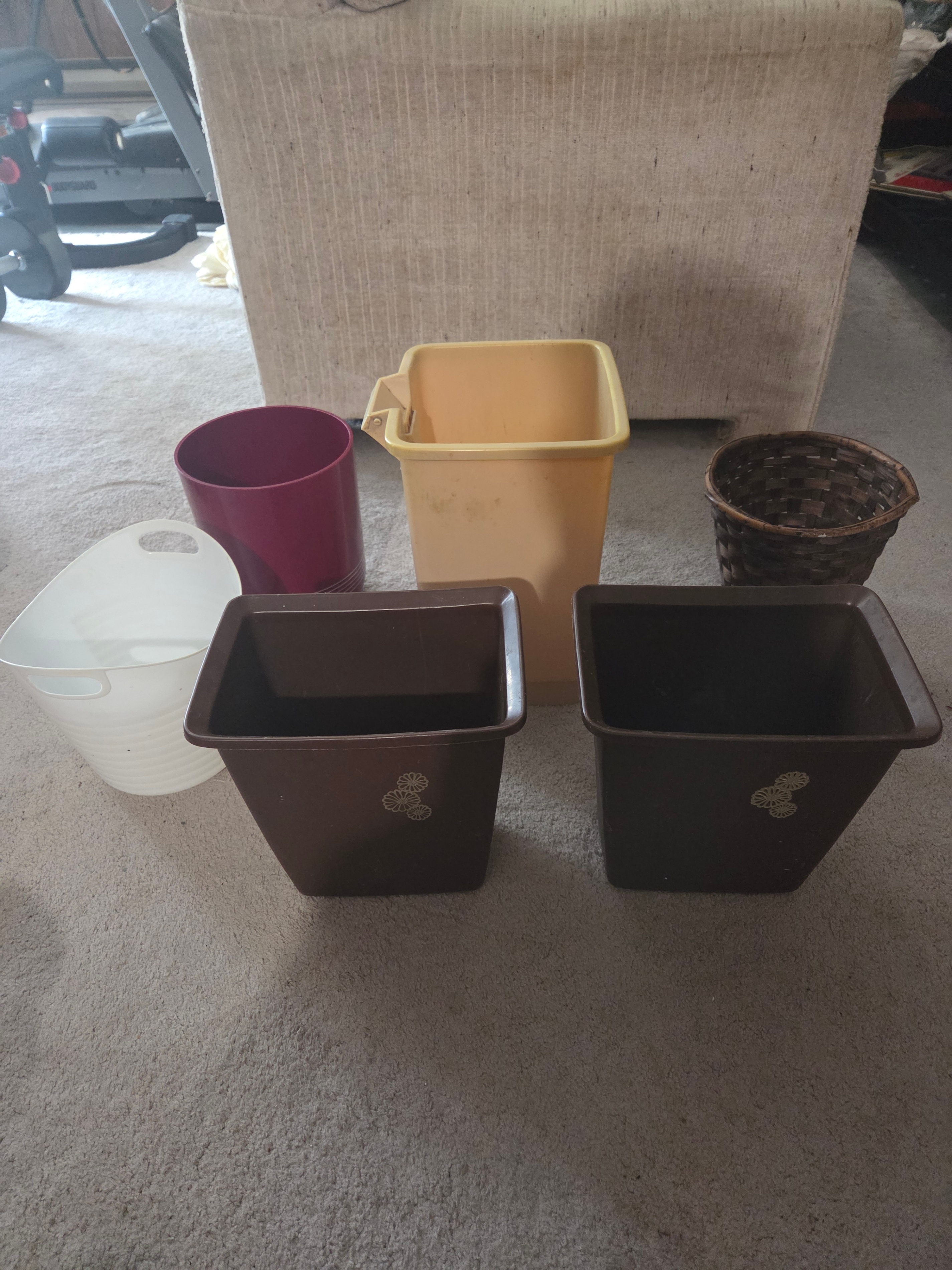 1970s Vintage Wastebasket & Decor Set MCM Floral, Ceramic, Woven