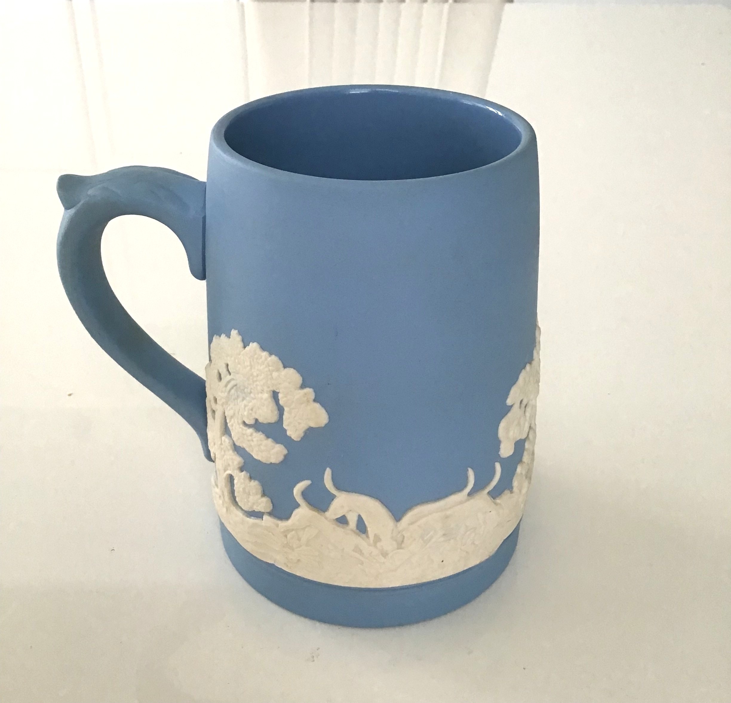 ENGLISH JASPER WARE MUG, WEDGWOOD BLUE AND WHITE