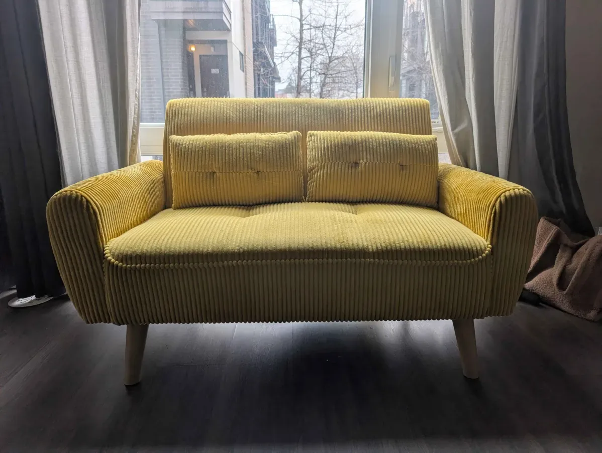 Yellow corduroy loveseat with mid-century modern styling - photo 2
