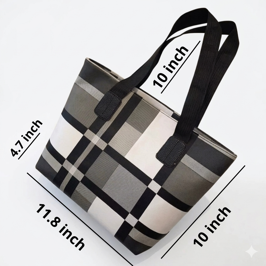 Plaid Tote Bag Large Capacity Handbag, Black, white and Gray. - photo 2