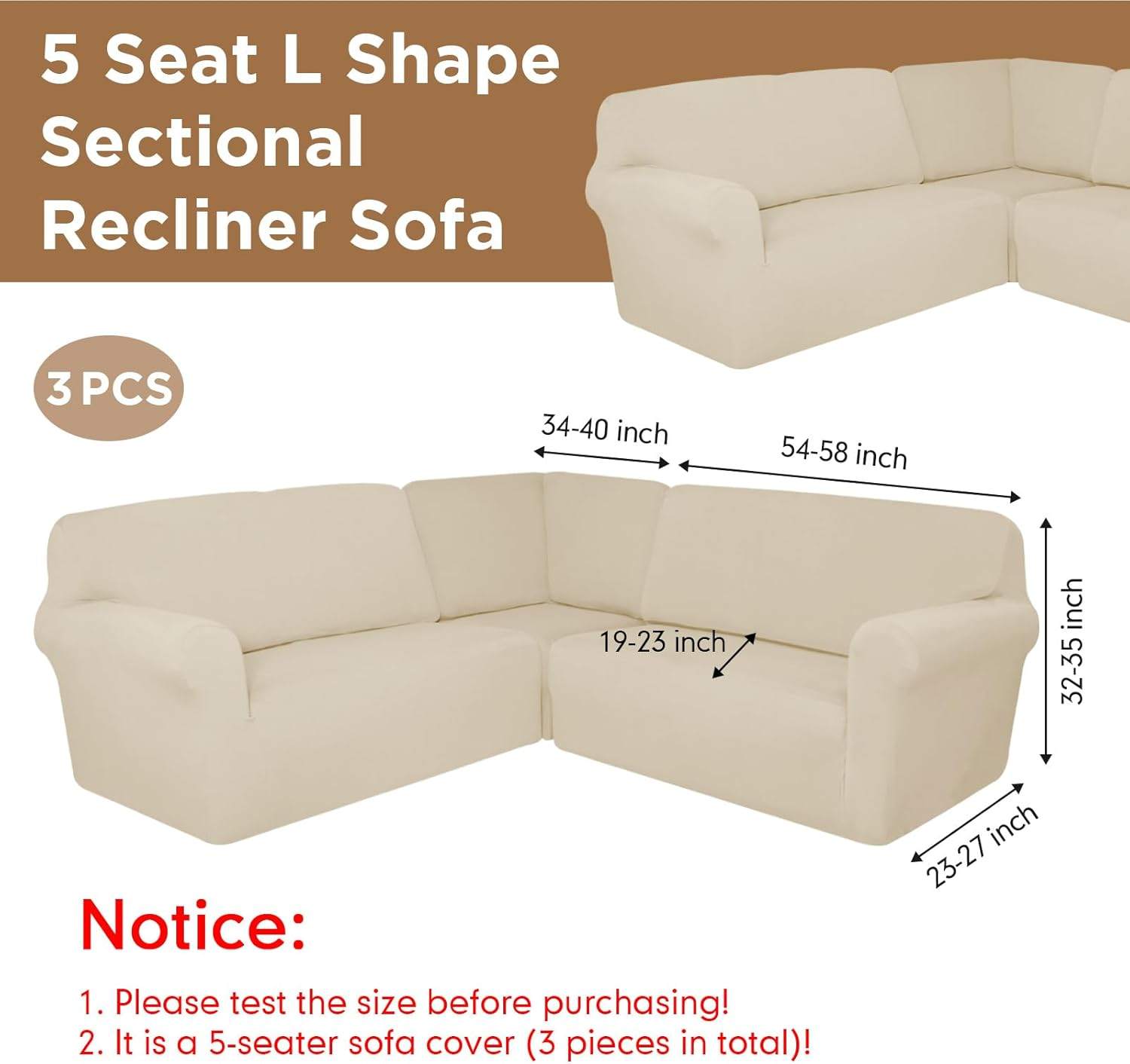 5-Seat L Shape Sectional Recliner Sofa Cover - Beige - photo 3