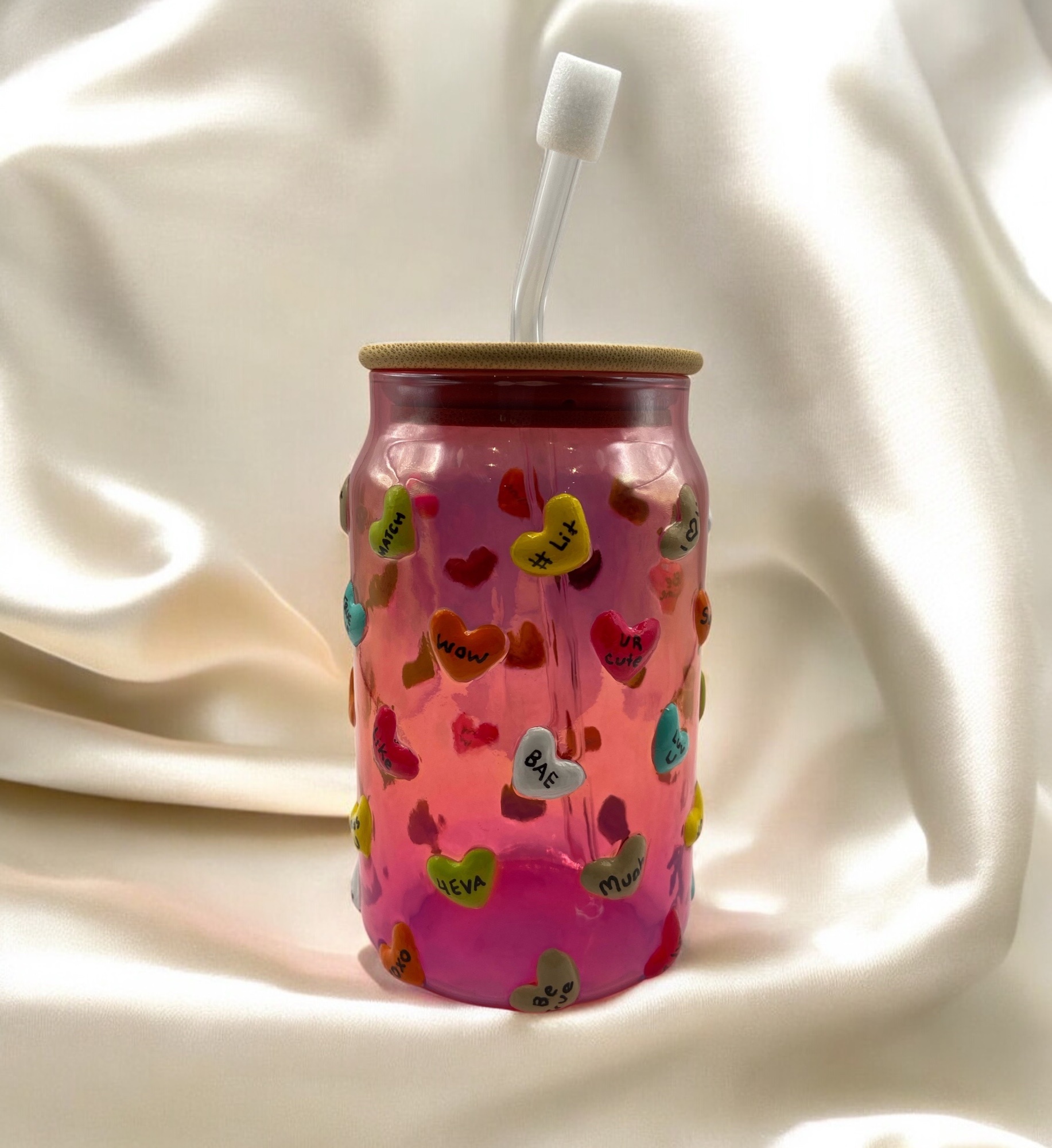 Hand Painted Pink Heart Decorated Glass Tumbler - photo 3