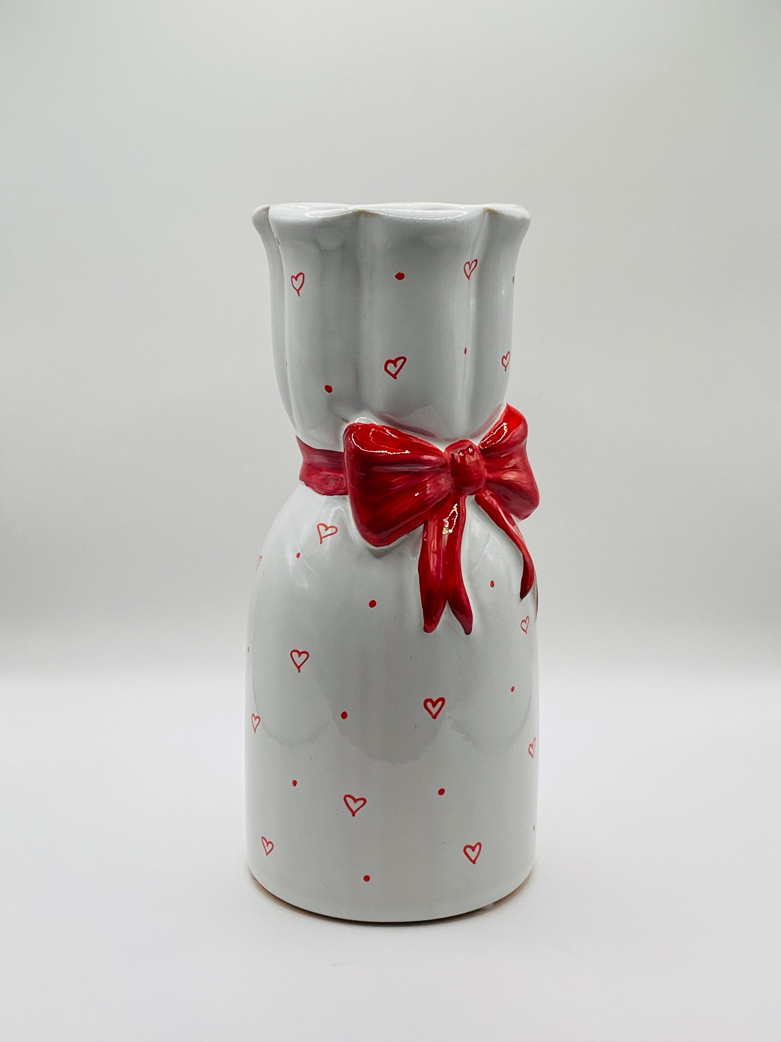 Hand Painted White Vase with Red Hearts and Bow - photo 5
