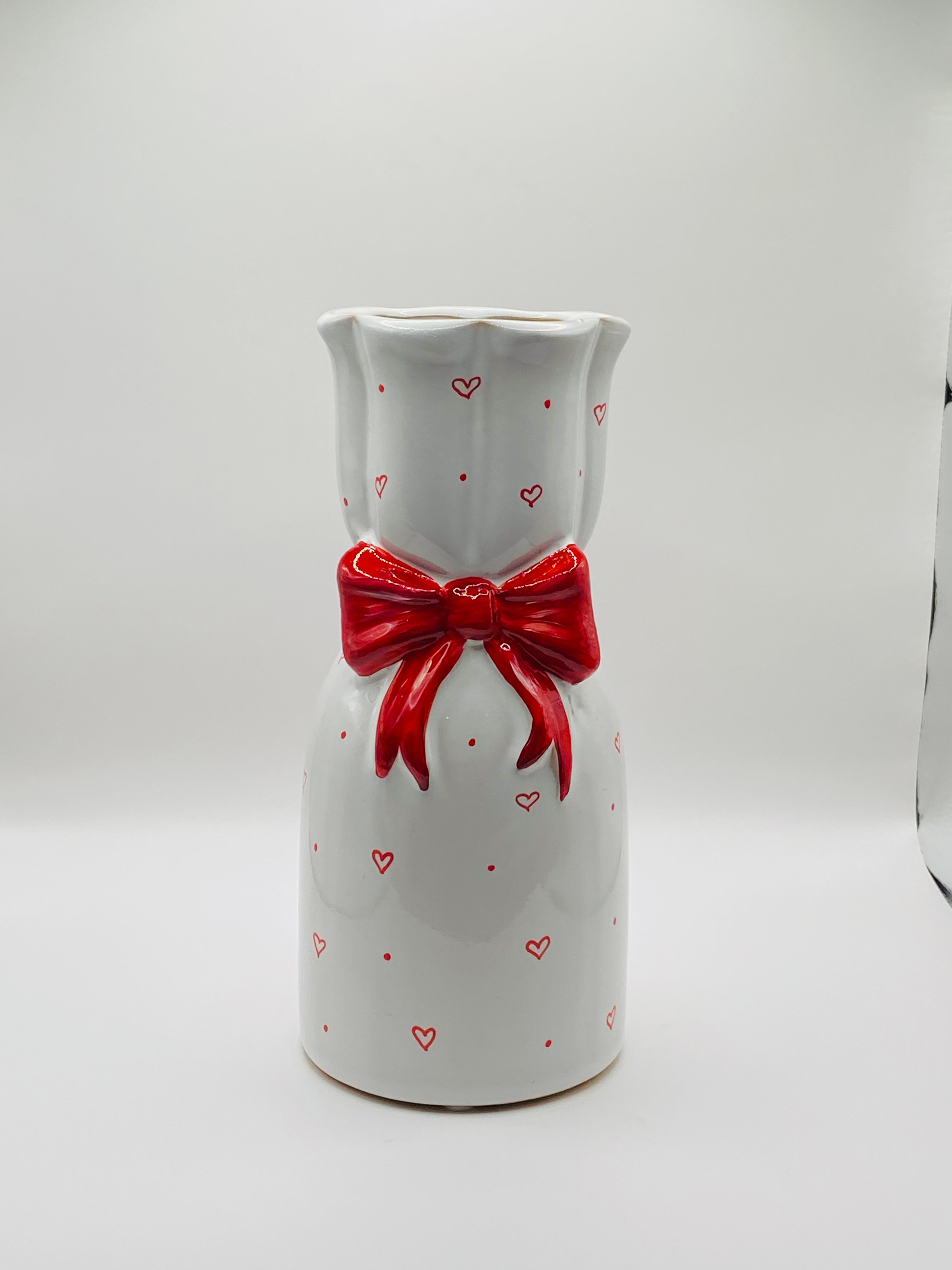 Hand Painted White Vase with Red Hearts and Bow