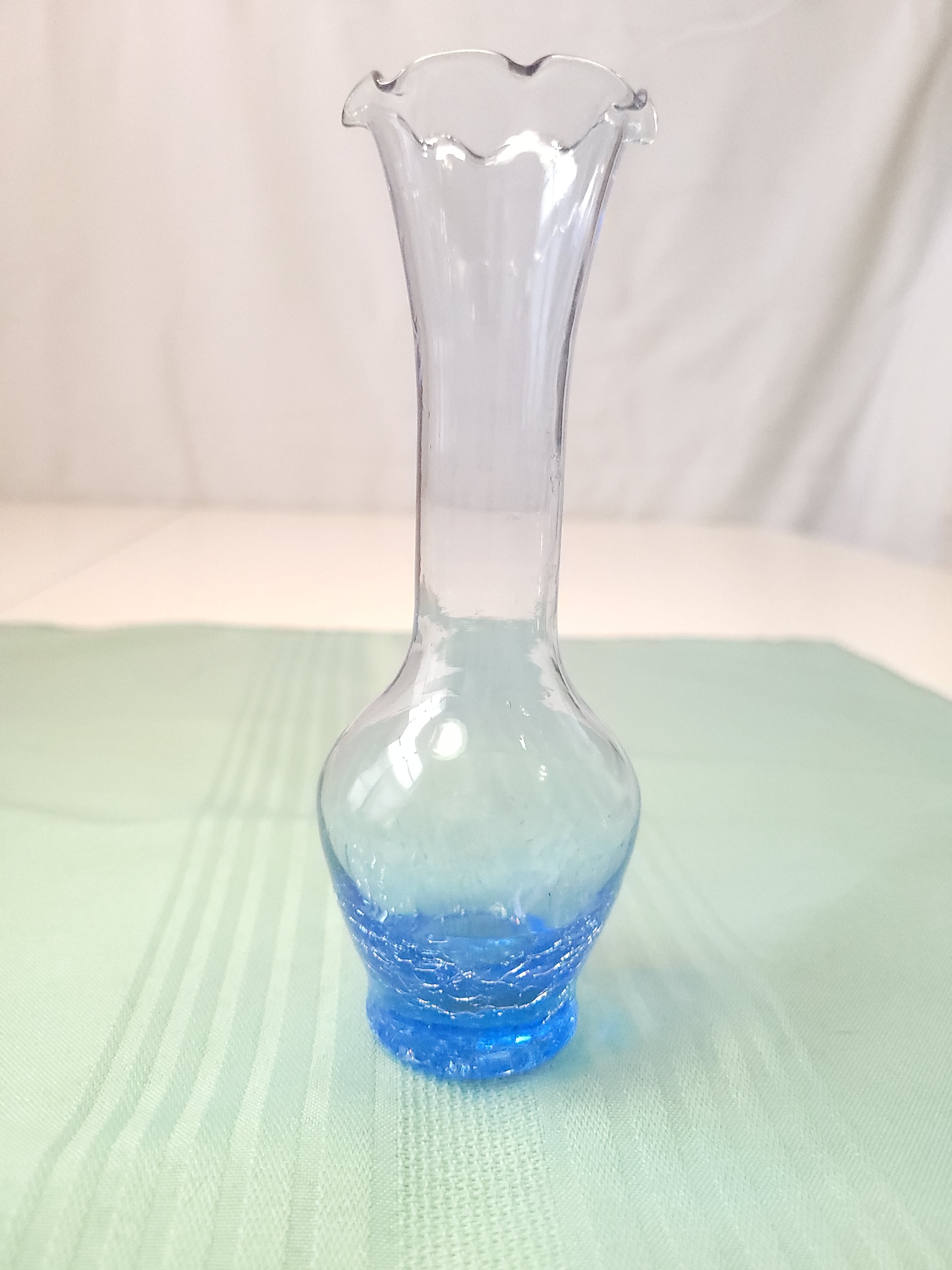 1960 Blue Crackle Glass Bud Vase 6" Ruffled Rim Hand Blown