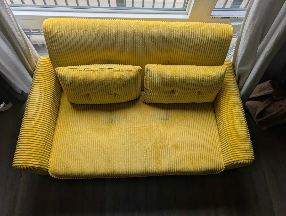 Yellow corduroy loveseat with mid-century modern styling - photo 4