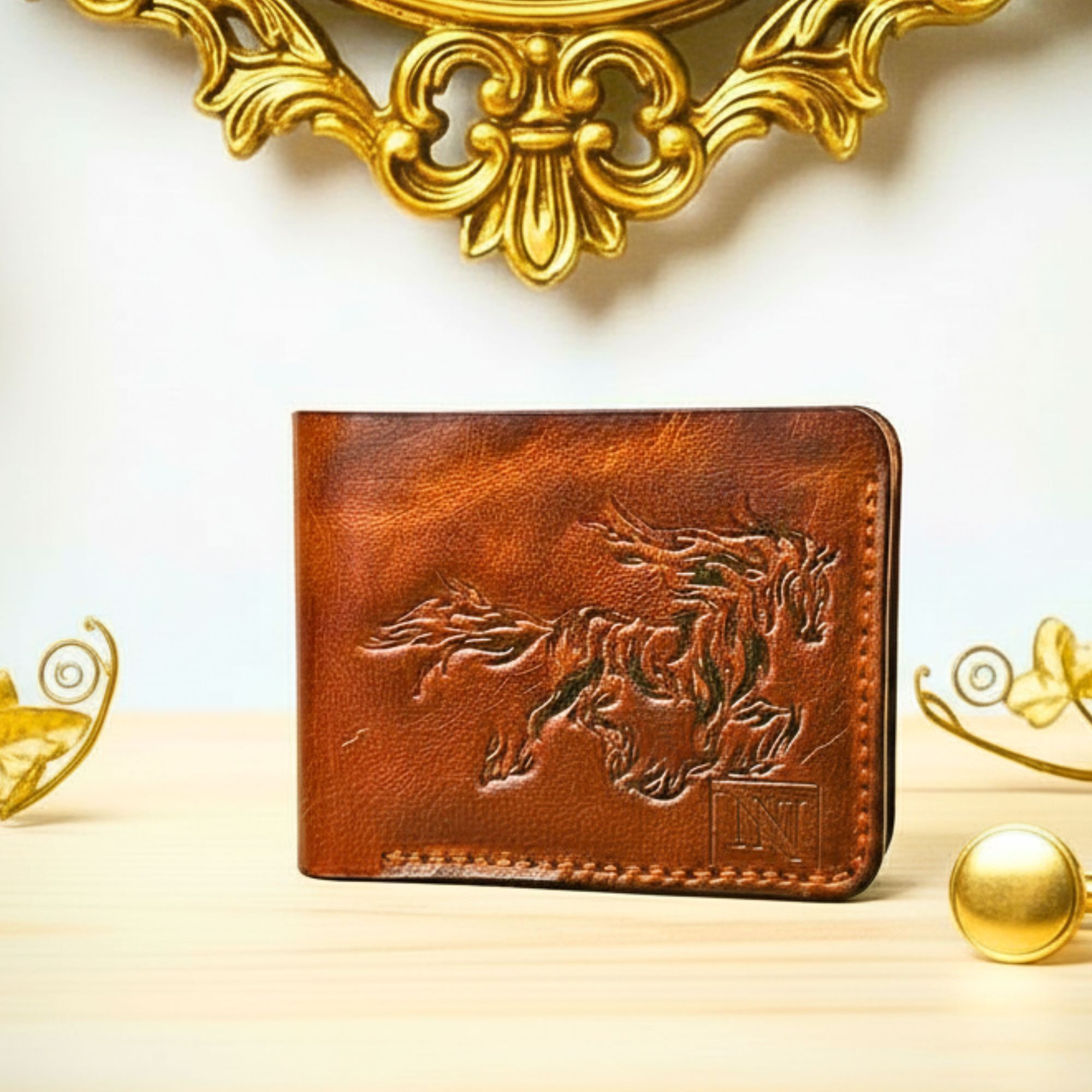 Rugged Buffalo Leather Men’s Wallet with Running Horse Engraving