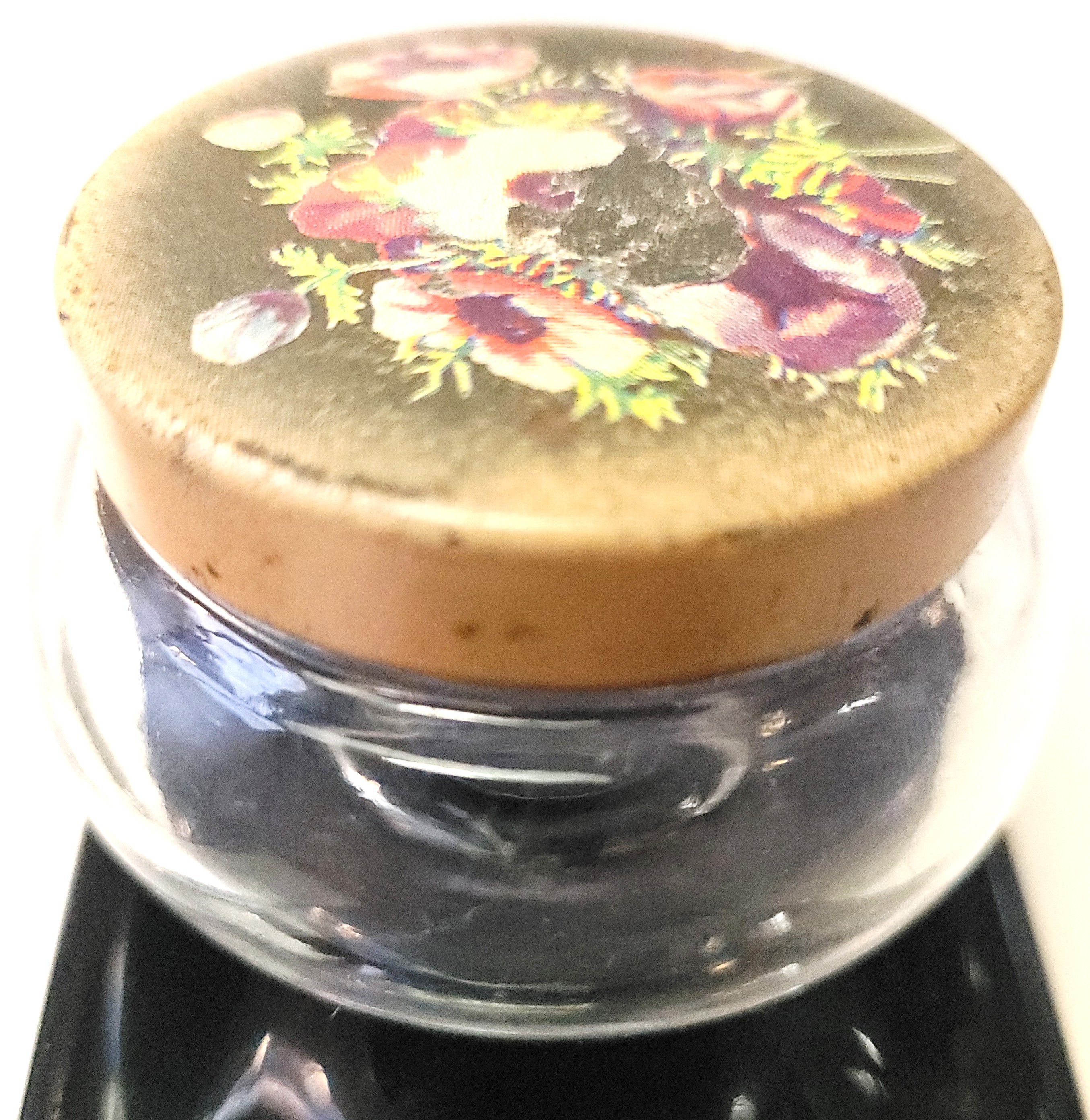 1930s Hazel Atlas Glass Vanity Jar Poppy Flower Litho Metal Lid