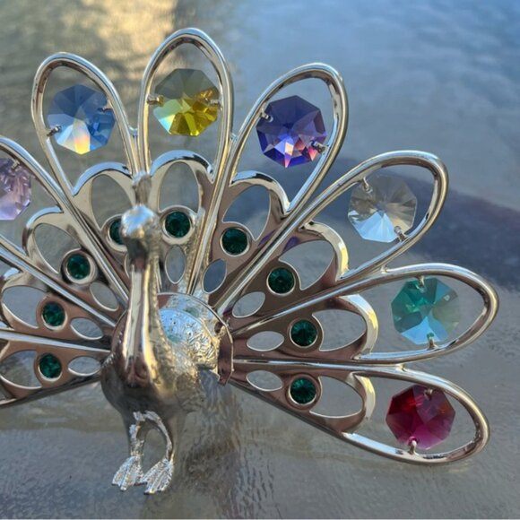 Silver Plated Peacock Figurine Multicolored Swarovski Crystals - photo 4