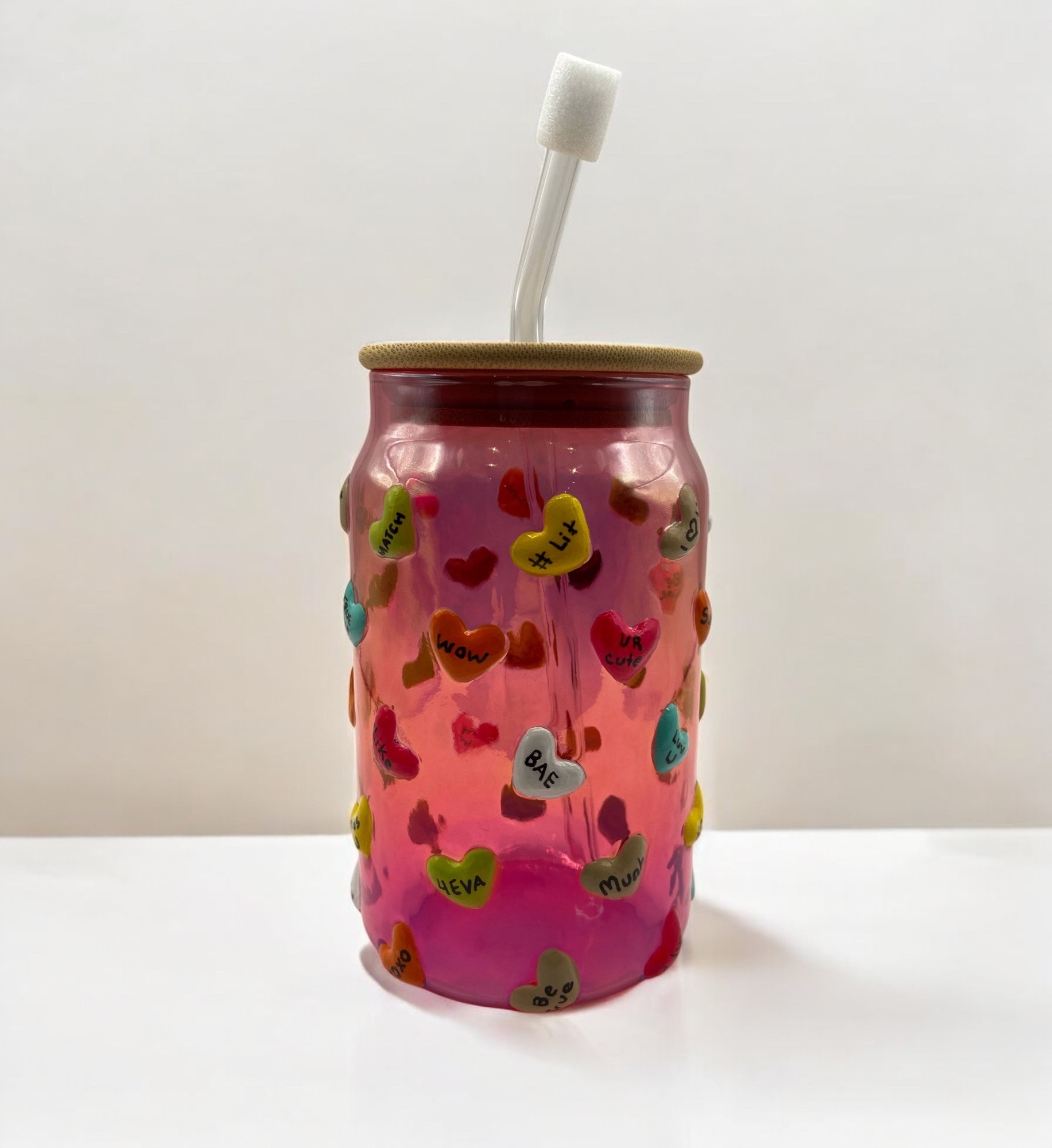 Hand Painted Pink Heart Decorated Glass Tumbler