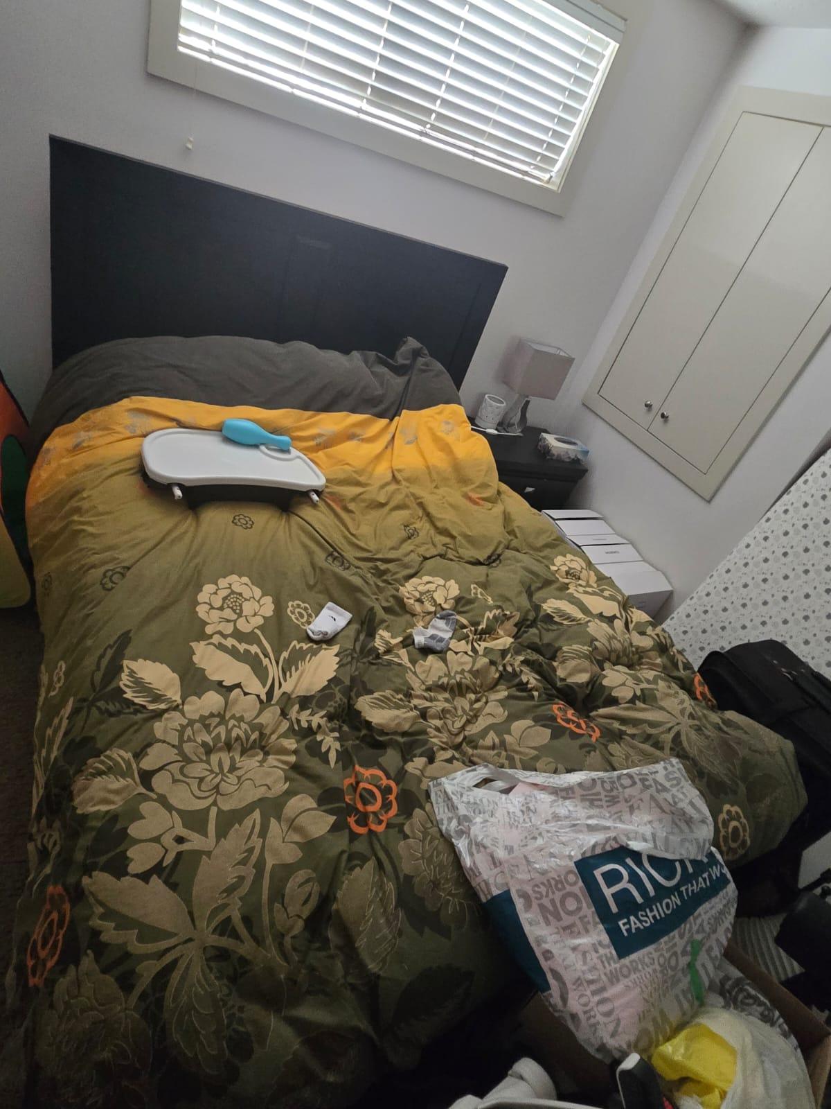 Queen Bed with mattress, night stand and lamps.
