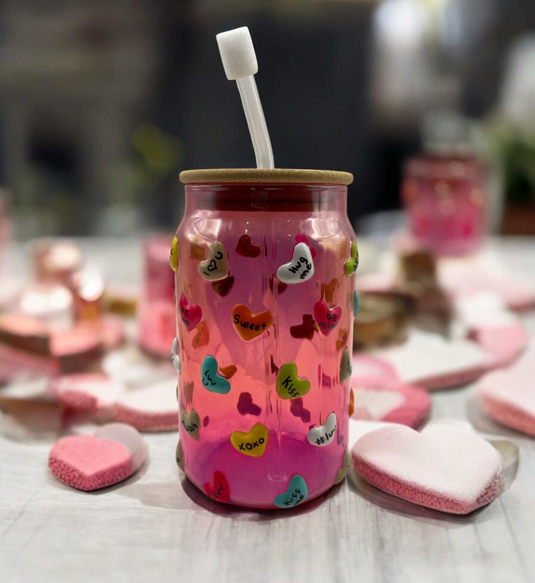 Hand Painted Pink Heart Decorated Glass Tumbler - photo 2