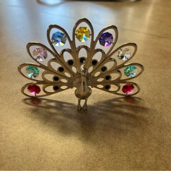 Silver Plated Peacock Figurine Multicolored Swarovski Crystals - photo 2