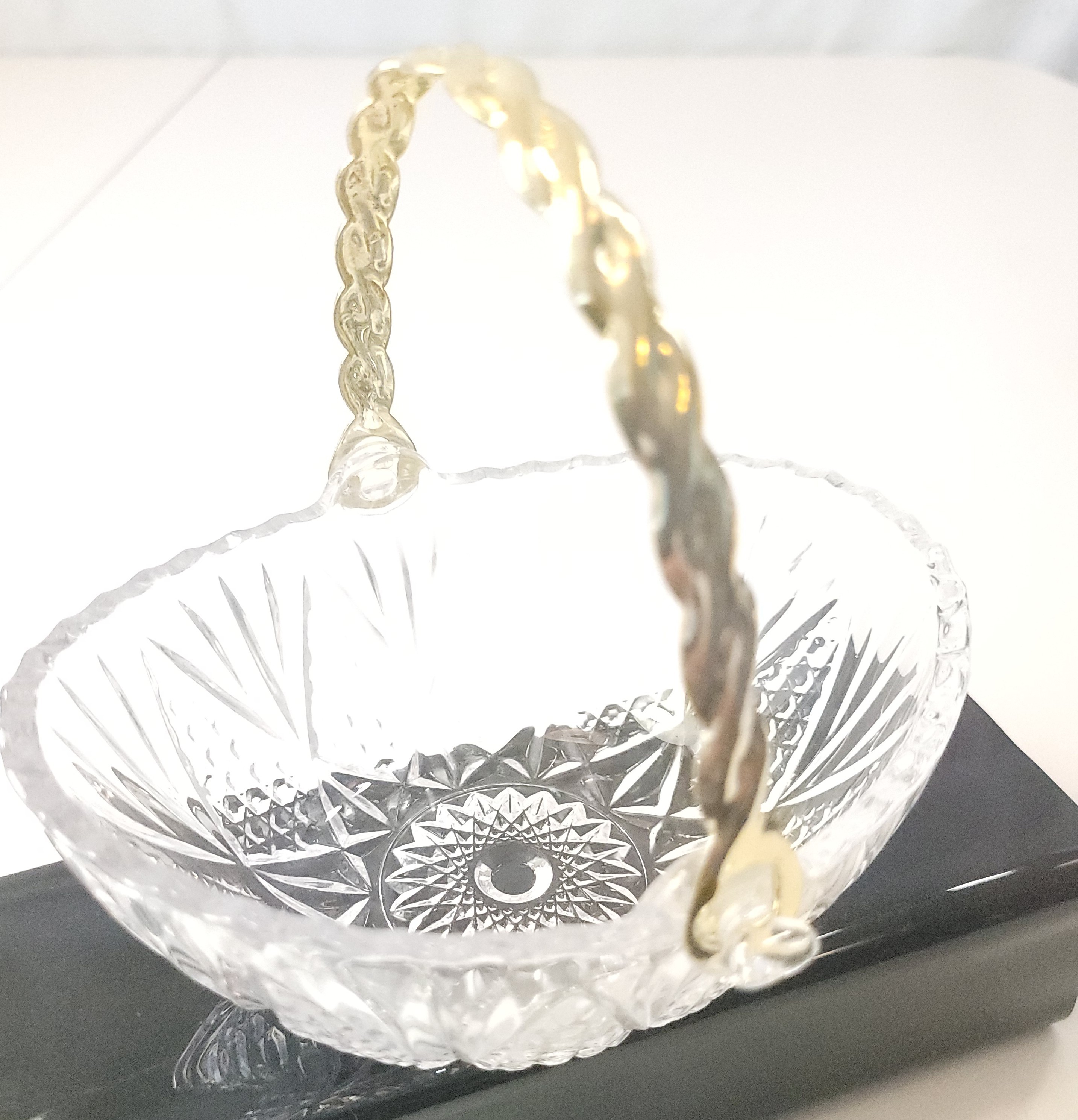 1982 West Germany 24% Lead Crystal Basket Gold Twisted Handle