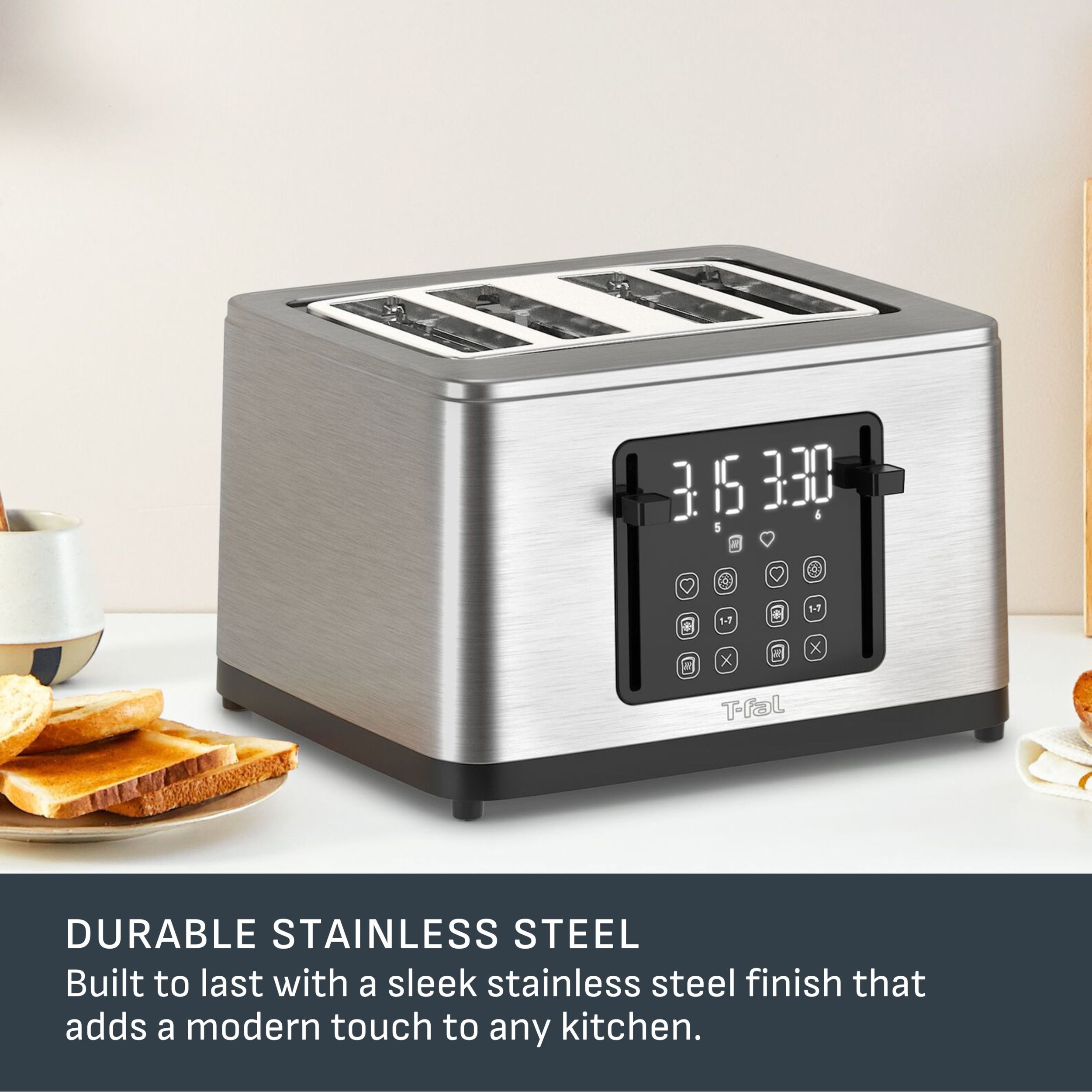 T-fal 4 Slice Digital Toaster | Stainless Steel | Touchscreen