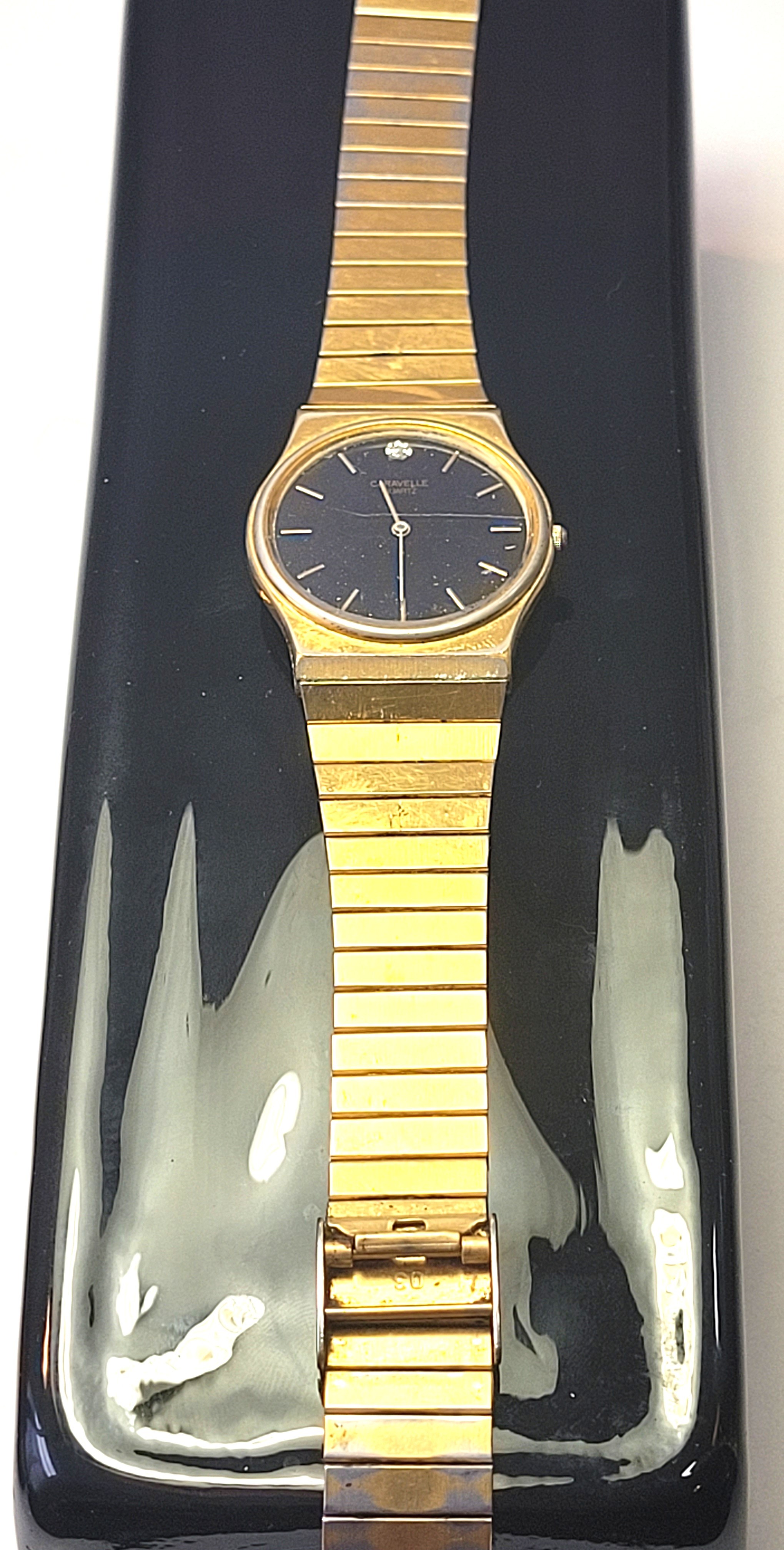 1989 Bulova Diamond Watch New Battery 30mm Black Dial