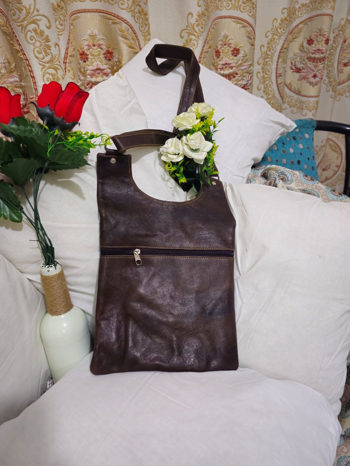 Dark Brown Leather Shoulder Crossbody Bag | Zipper & Pockets - photo 2