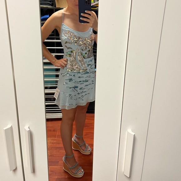 Slip mini dress with sequin artwork embellishment in blue - photo 5