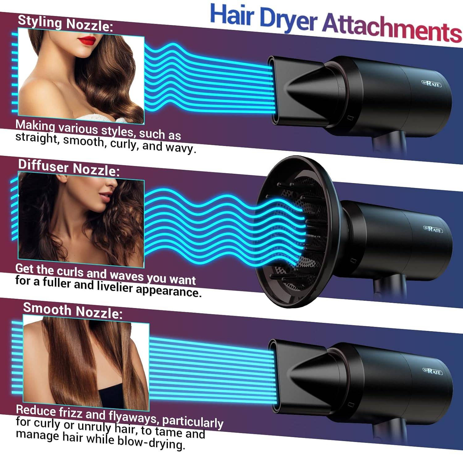 SHRATE Hair Dryer with Diffuser and 2 Nozzles-1800W Blow Dryer - photo 4
