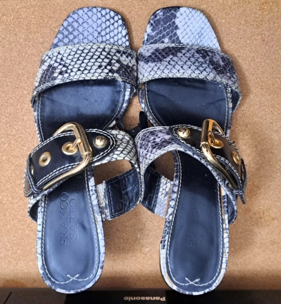 Franco Sarto Genuine Leather Snake Print Bold Gold Buckle Slides - photo 3