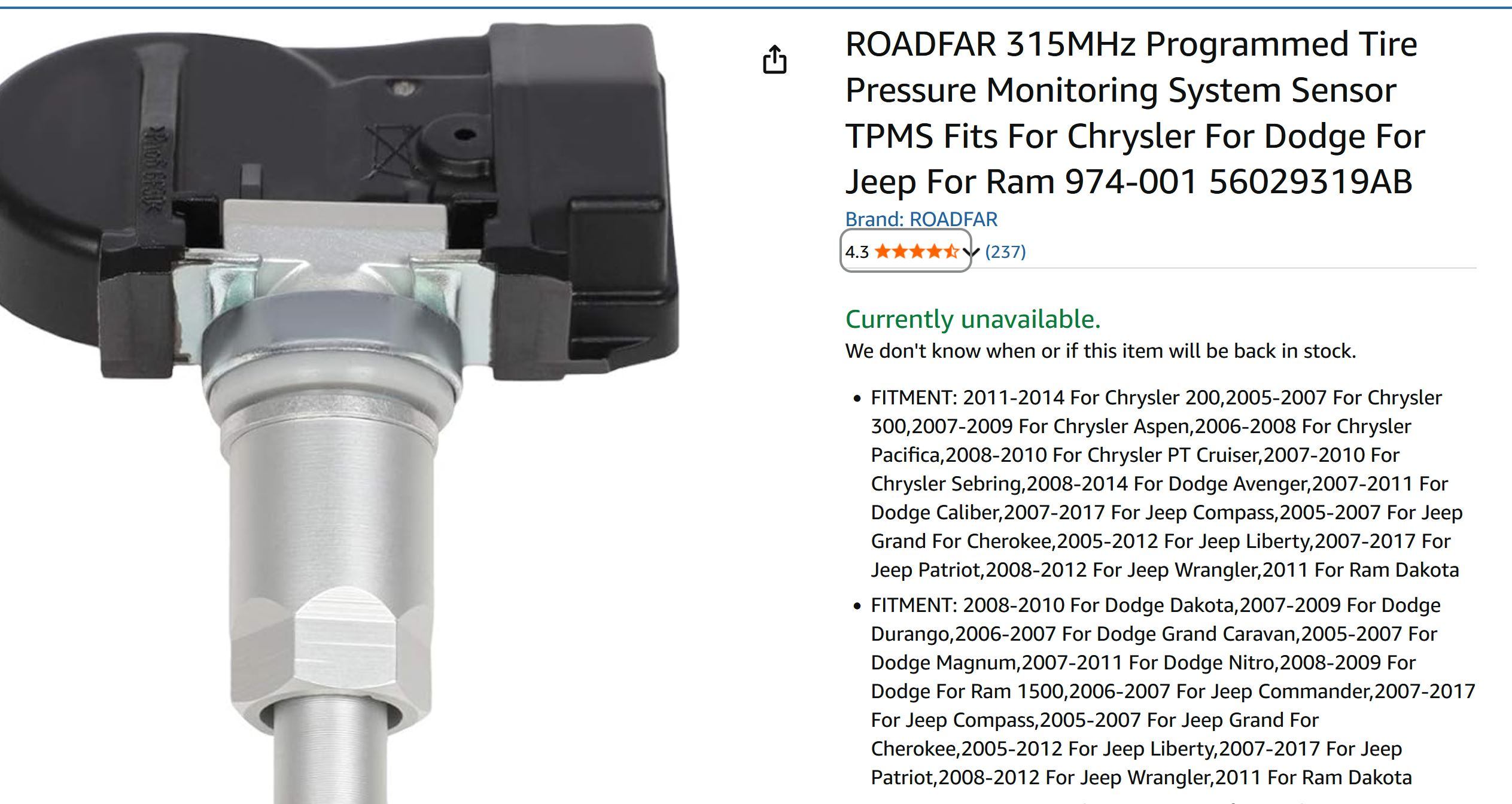 Tire Preasure Sensor(TPMS) for Chrysler/Dodge/Jeep