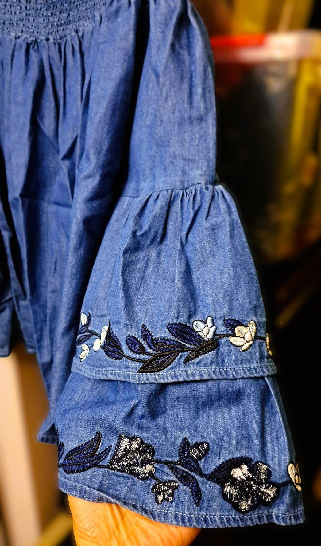 New Embroidered Off-Shoulder Denim Chambray Top - photo 4