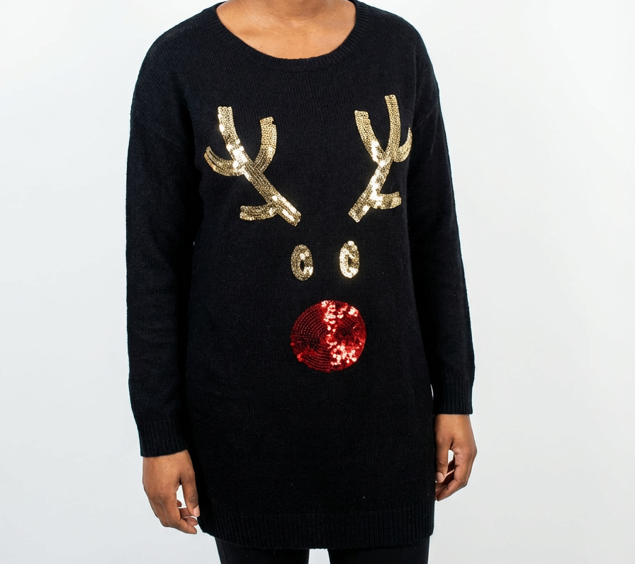 Black sequined Christmas sweater – Gold and red reindeer pattern