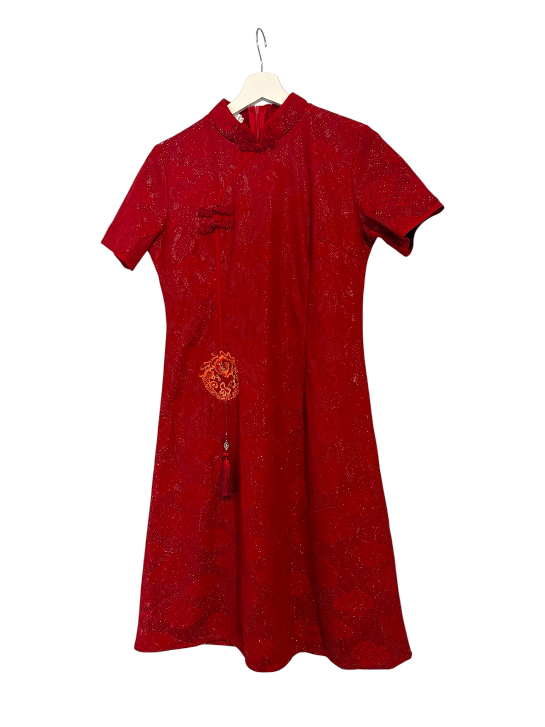 Red Floral Lace Shimmery Chinese Qipao Cheongsam Midi Dress Sz M - photo 3