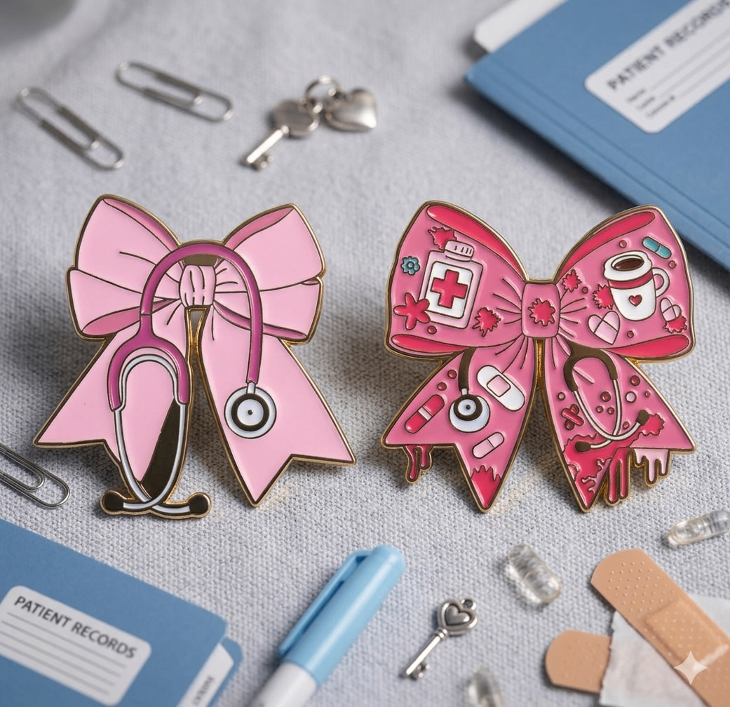 Pink Bow knot Medical Accessories Set of 2 Brooch Enamel Pins - photo 5