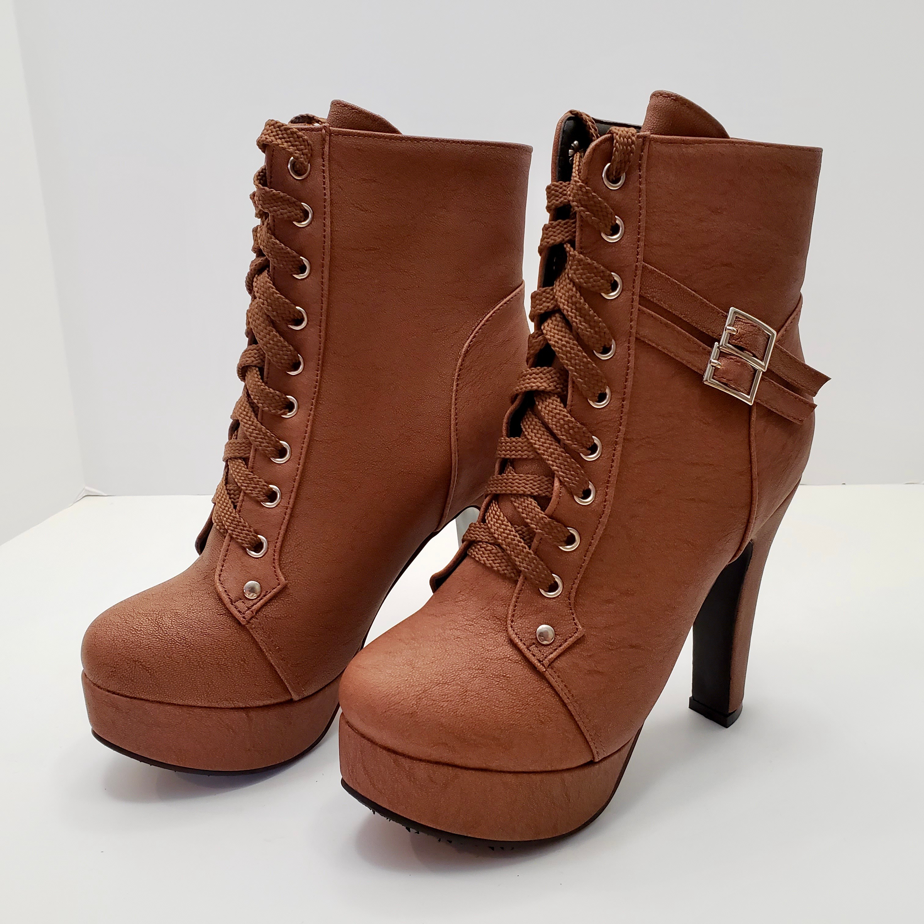 New ForeMode Women’s High Heel Platform Boots Brown Size 7