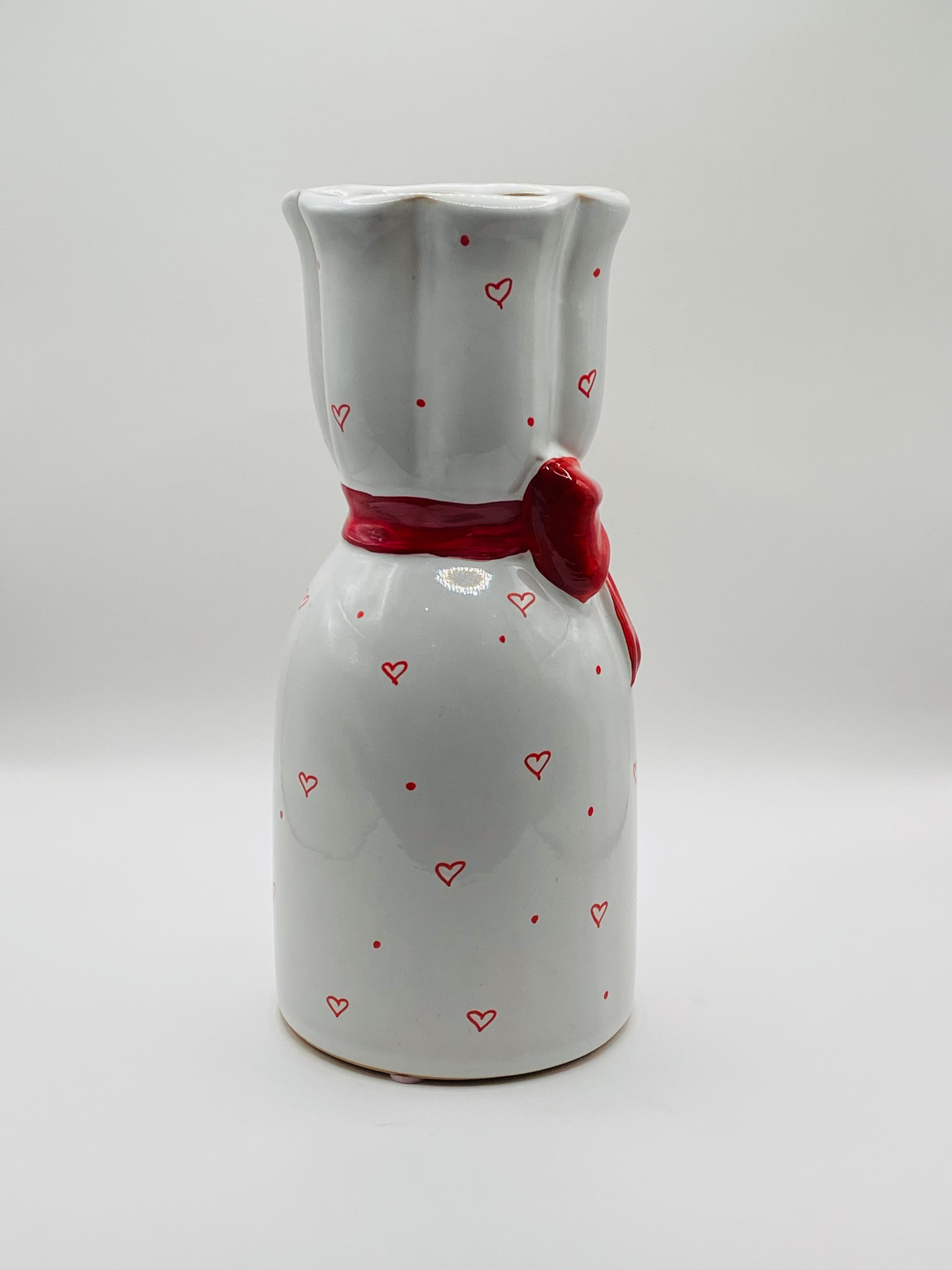 Hand Painted White Vase with Red Hearts and Bow - photo 3