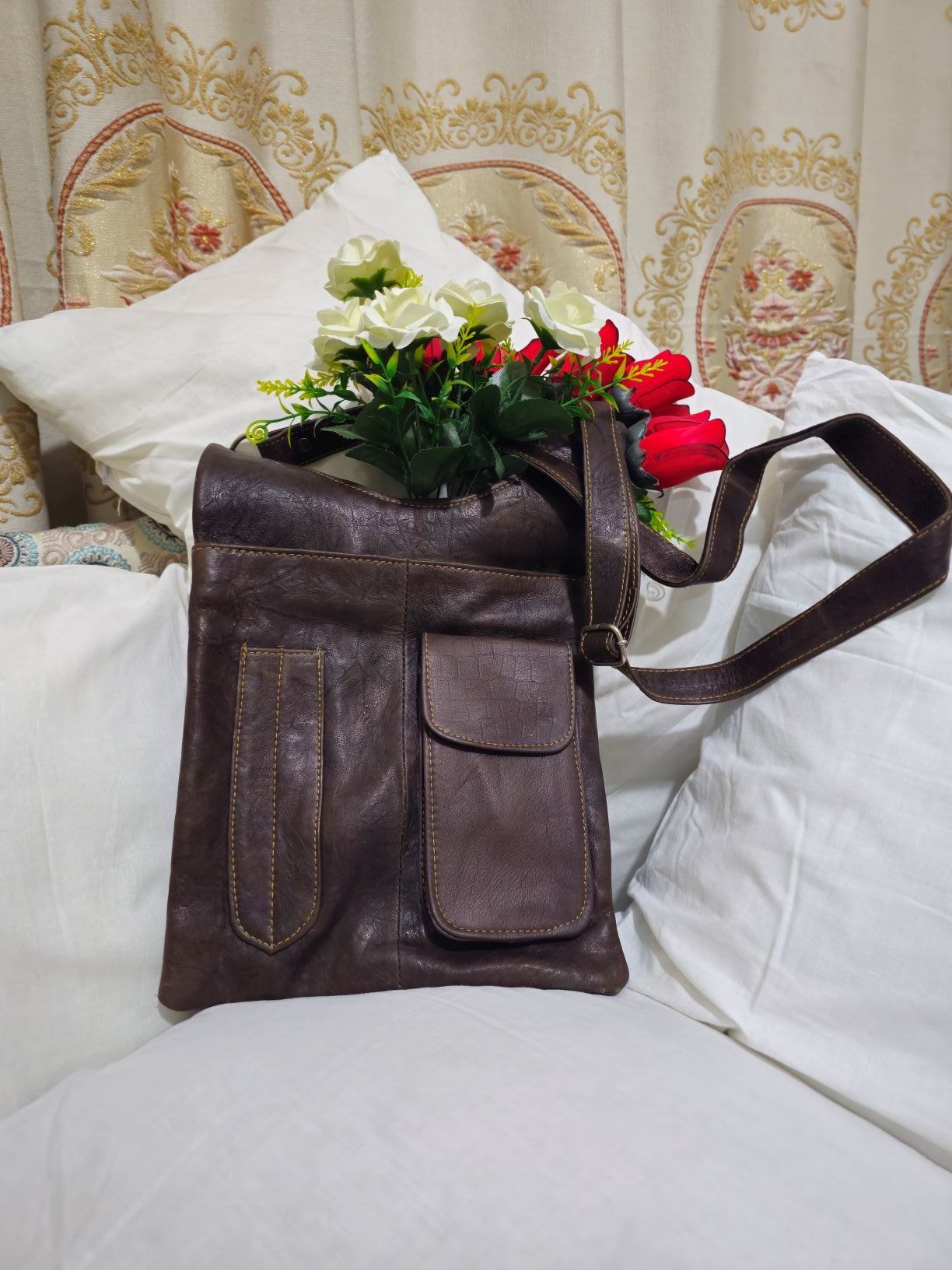 Dark Brown Leather Shoulder Crossbody Bag | Zipper & Pockets