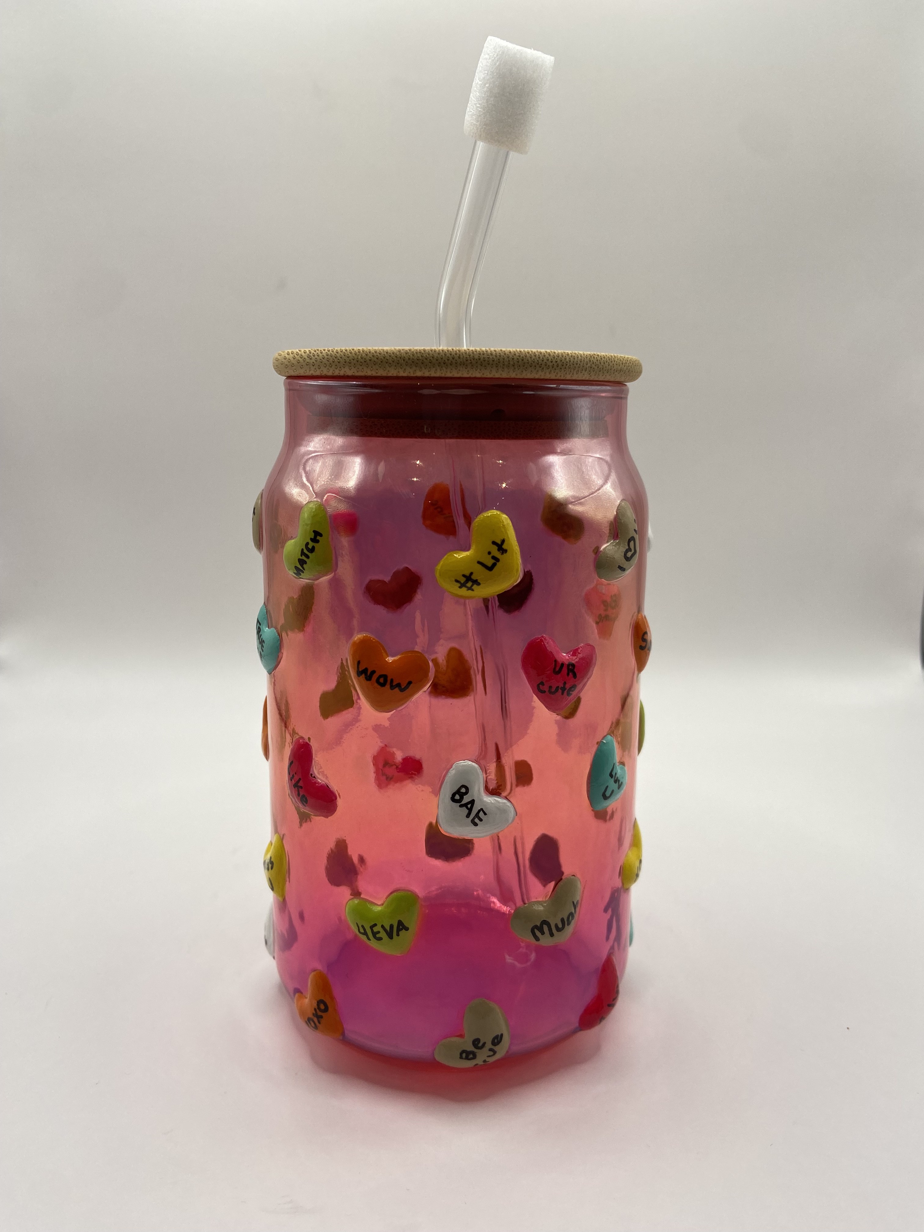 Hand Painted Pink Heart Decorated Glass Tumbler - photo 5