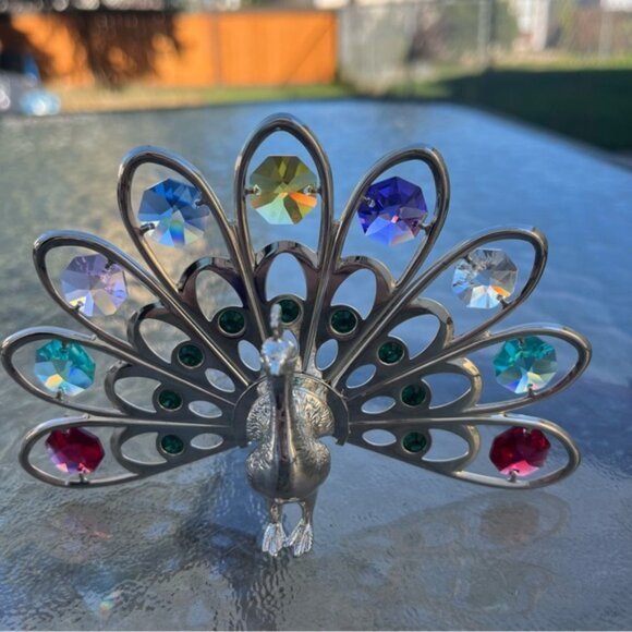 Silver Plated Peacock Figurine Multicolored Swarovski Crystals - photo 3