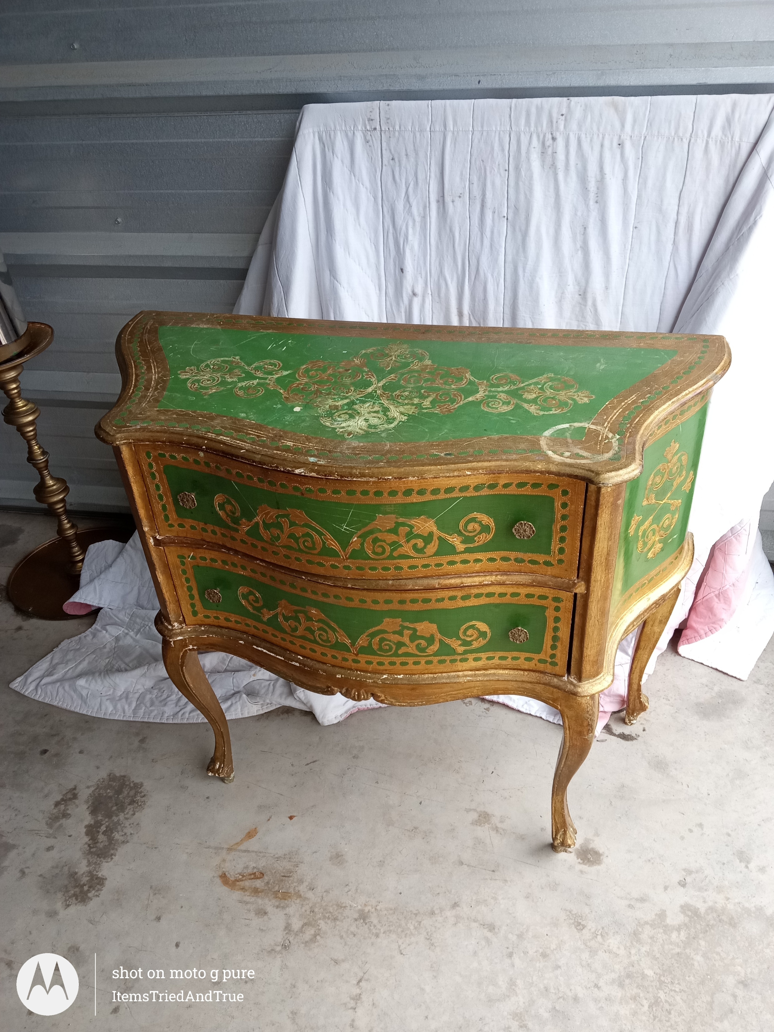 Vintage Hand‑Painted Green & Gold Chest of Drawers