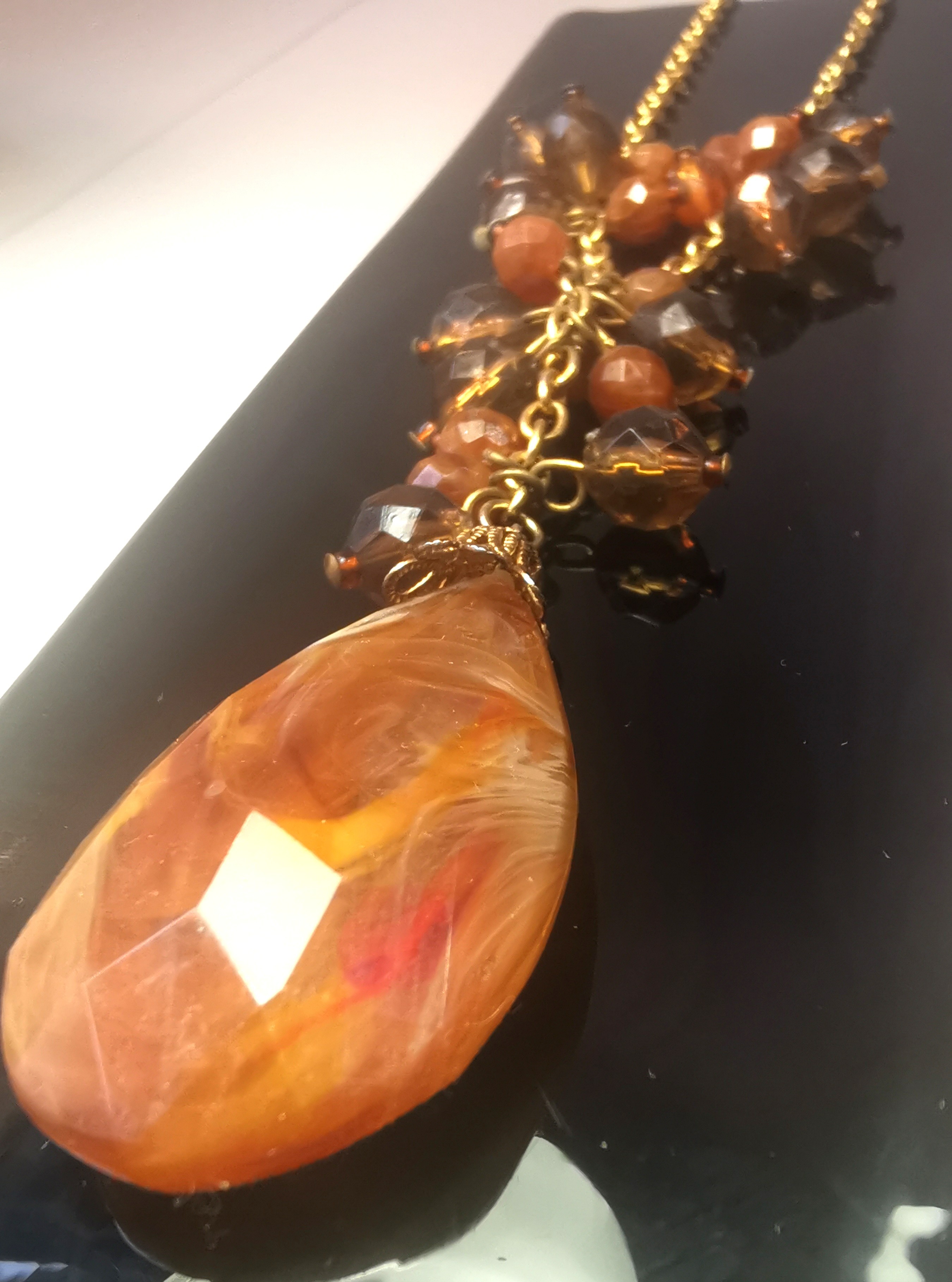 Circa 1970 Faux Amber Teardrop Pendant Necklace Cluster Bead 25"